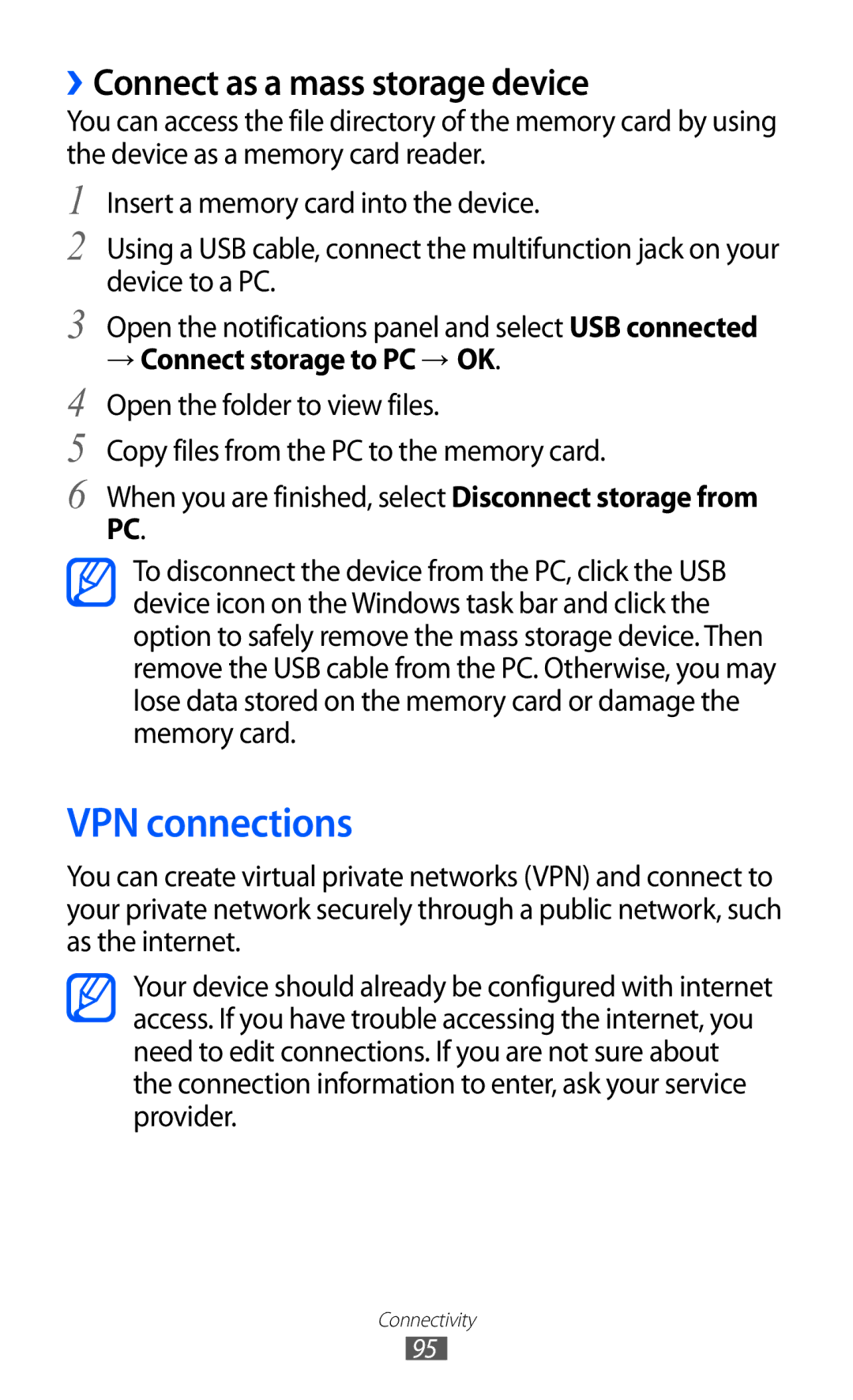 Samsung GT-B5510 user manual VPN connections, ››Connect as a mass storage device 