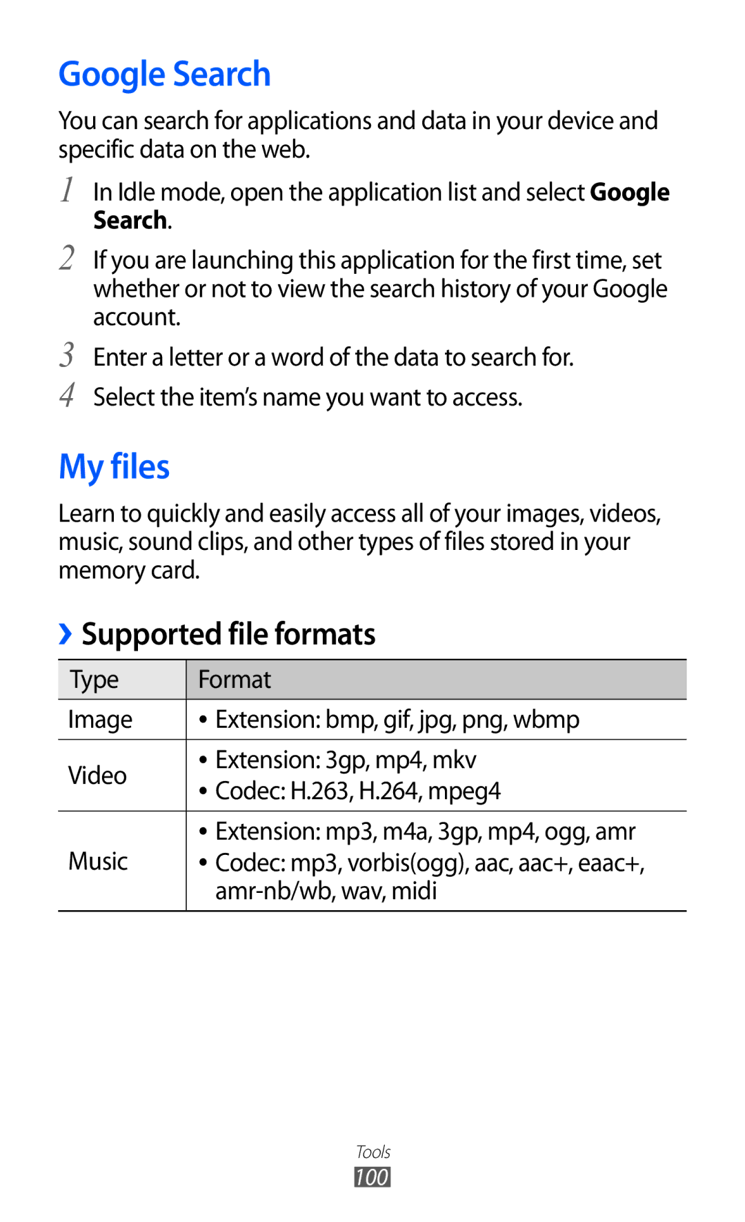 Samsung GT-B5510 user manual Google Search, My files, Amr-nb/wb, wav, midi 