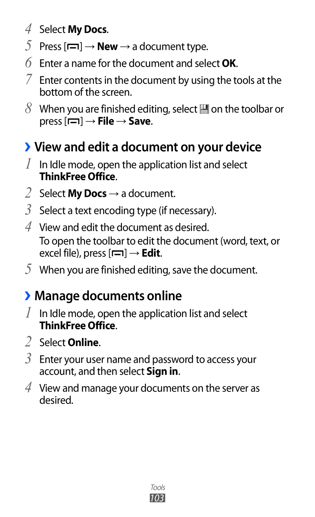 Samsung GT-B5510 user manual ››View and edit a document on your device, ››Manage documents online 