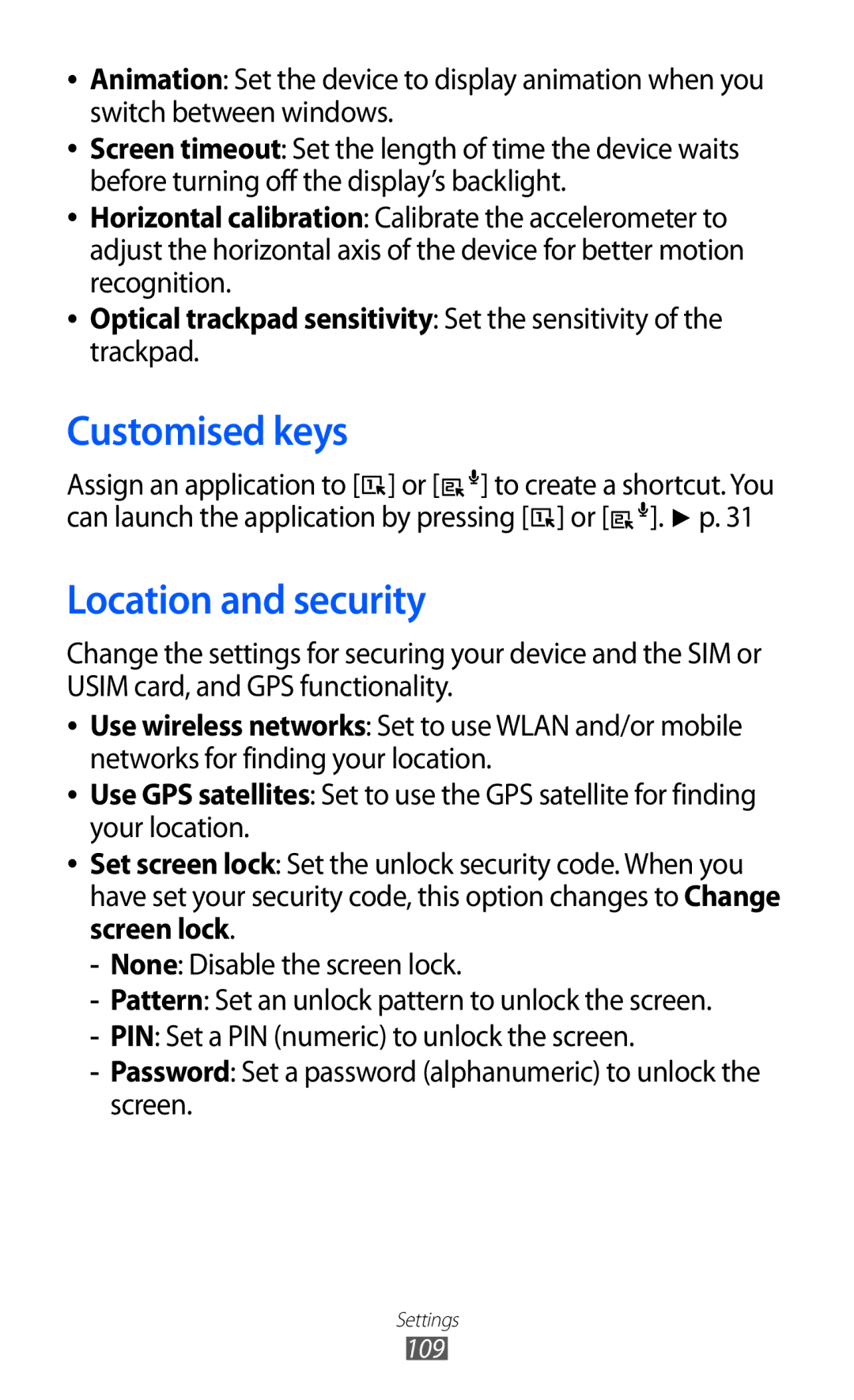 Samsung GT-B5510 user manual Customised keys, Location and security 