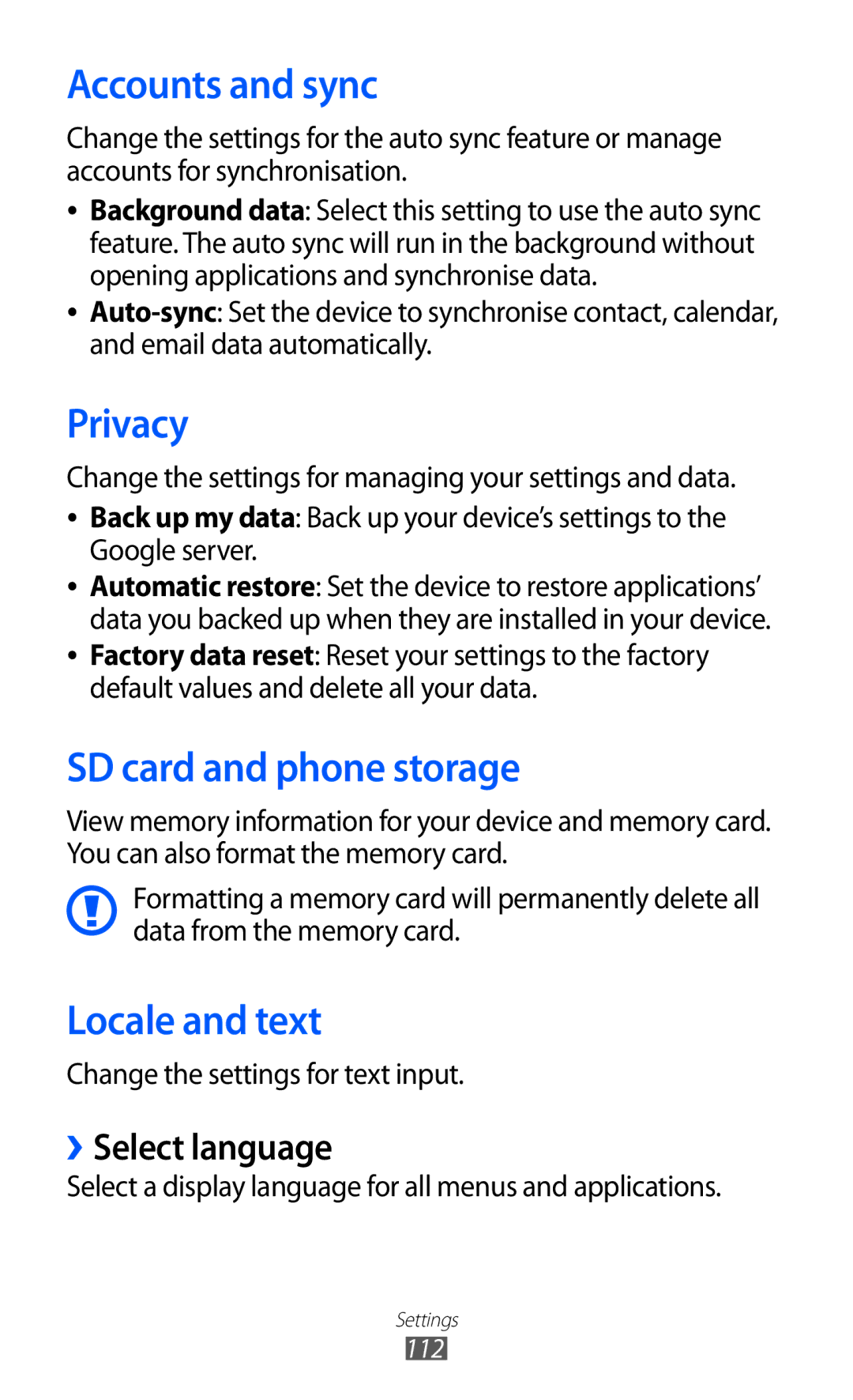 Samsung GT-B5510 user manual Accounts and sync, Privacy, SD card and phone storage, Locale and text, ››Select language 