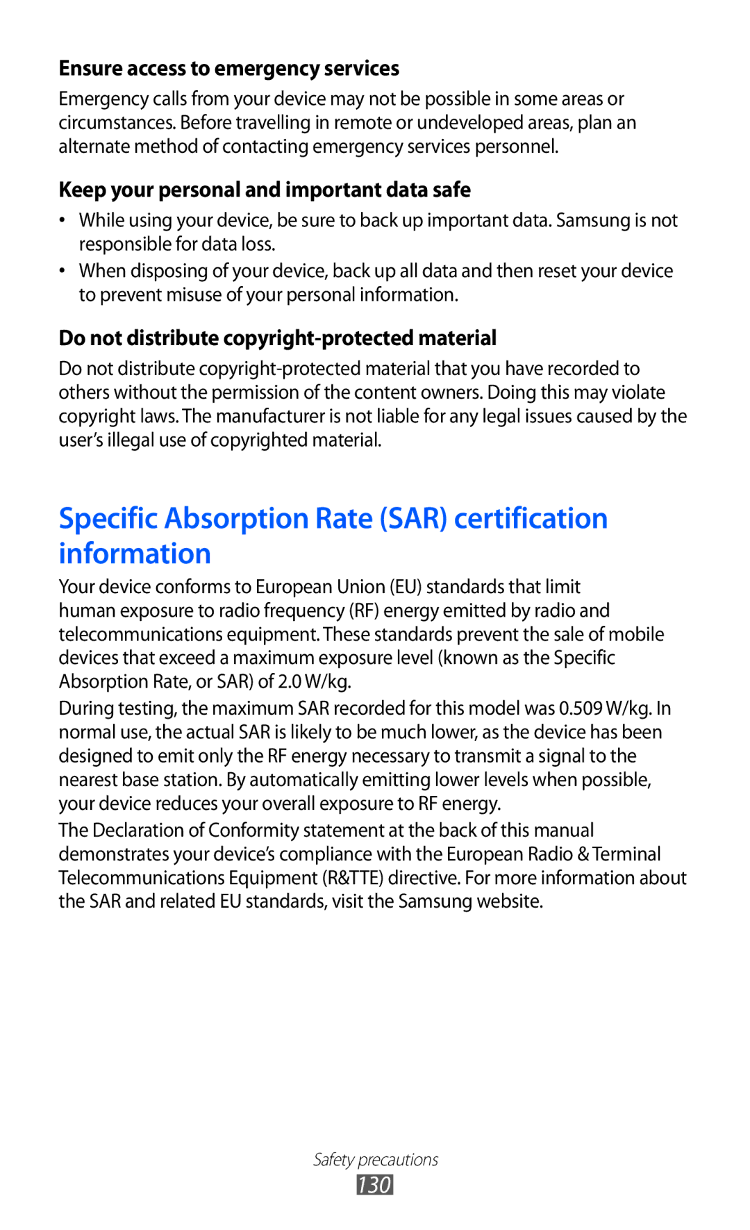 Samsung GT-B5510 user manual Specific Absorption Rate SAR certification information 