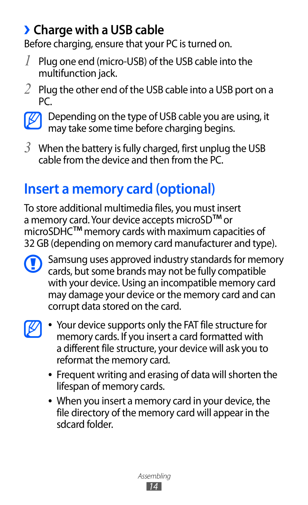 Samsung GT-B5510 user manual Insert a memory card optional, ››Charge with a USB cable 