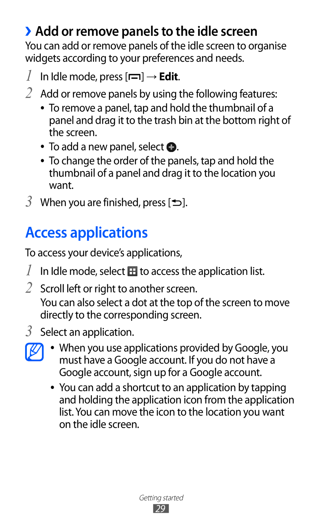 Samsung GT-B5510 user manual Access applications, ››Add or remove panels to the idle screen 