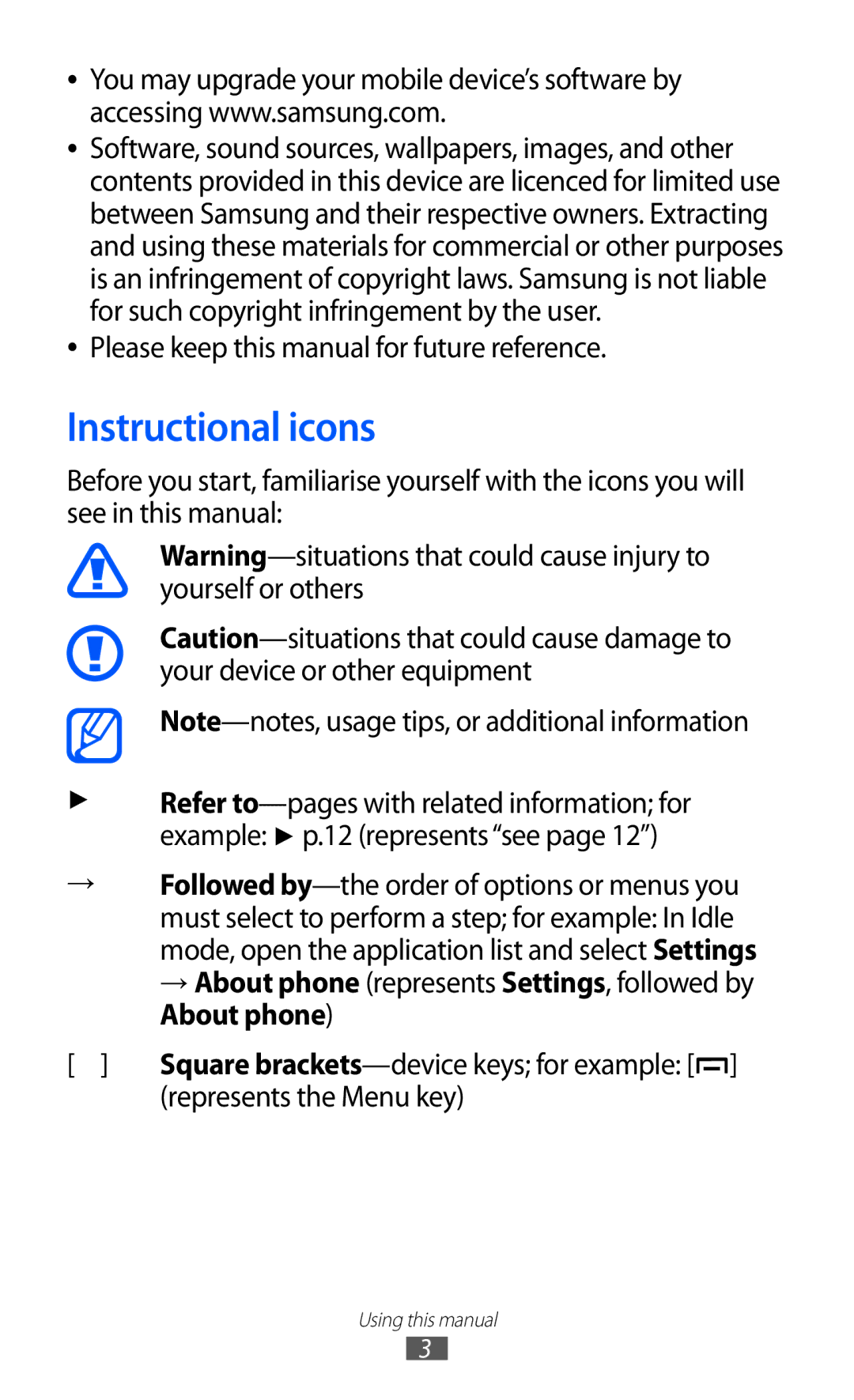 Samsung GT-B5510 user manual Instructional icons, Please keep this manual for future reference, Represents the Menu key 