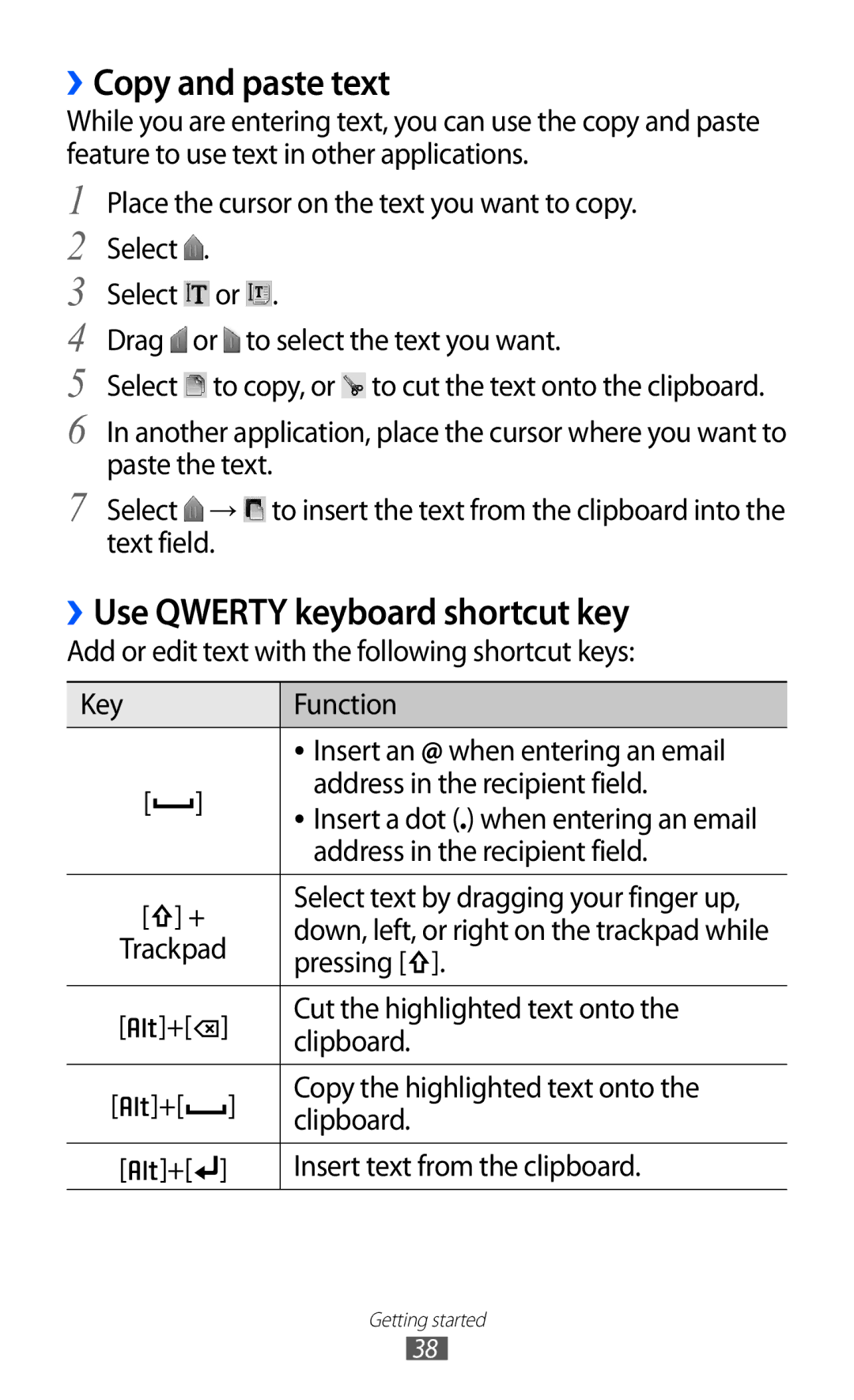 Samsung GT-B5510 user manual ››Copy and paste text, ››Use Qwerty keyboard shortcut key 