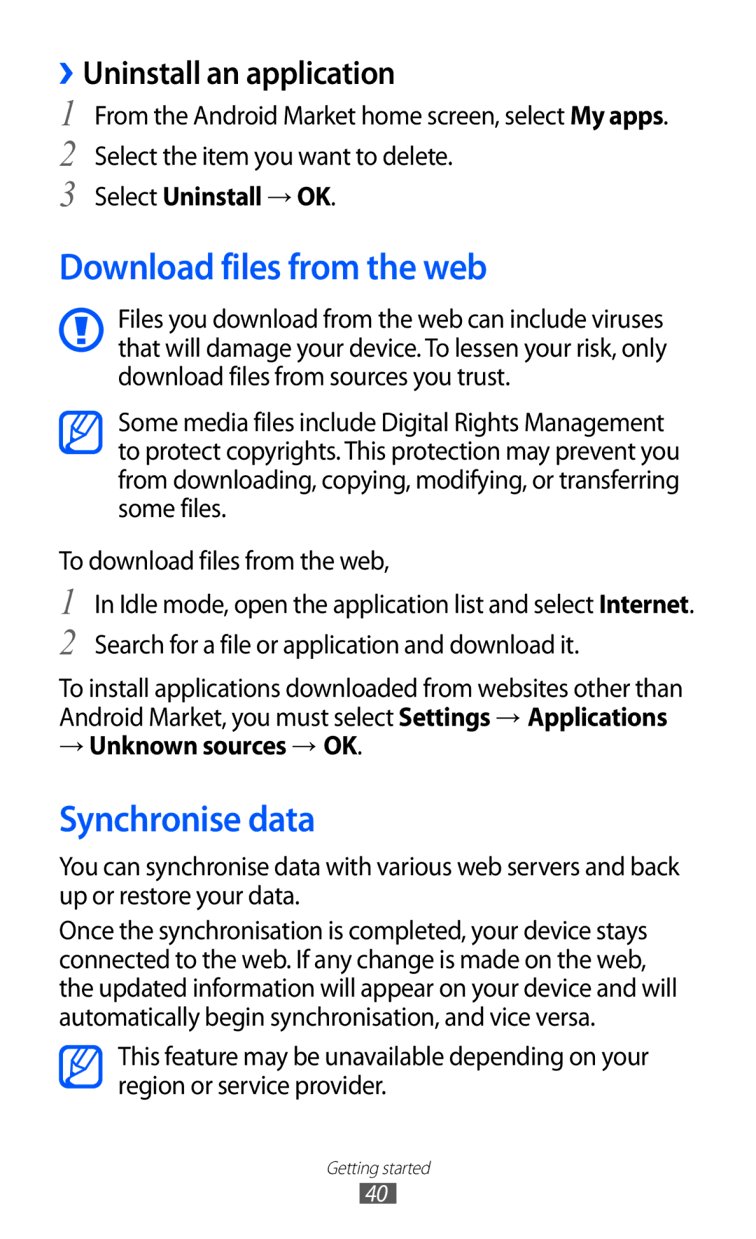 Samsung GT-B5510 Download files from the web, Synchronise data, ››Uninstall an application, Select Uninstall → OK 