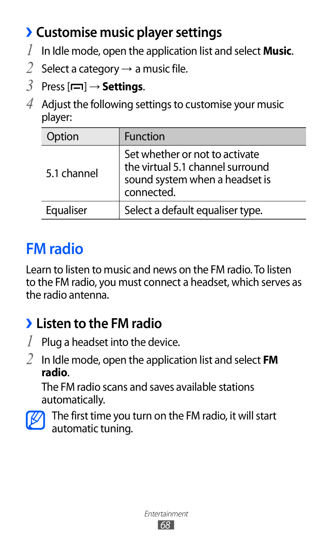 Samsung GT-B5510 user manual ››Customise music player settings, ››Listen to the FM radio 