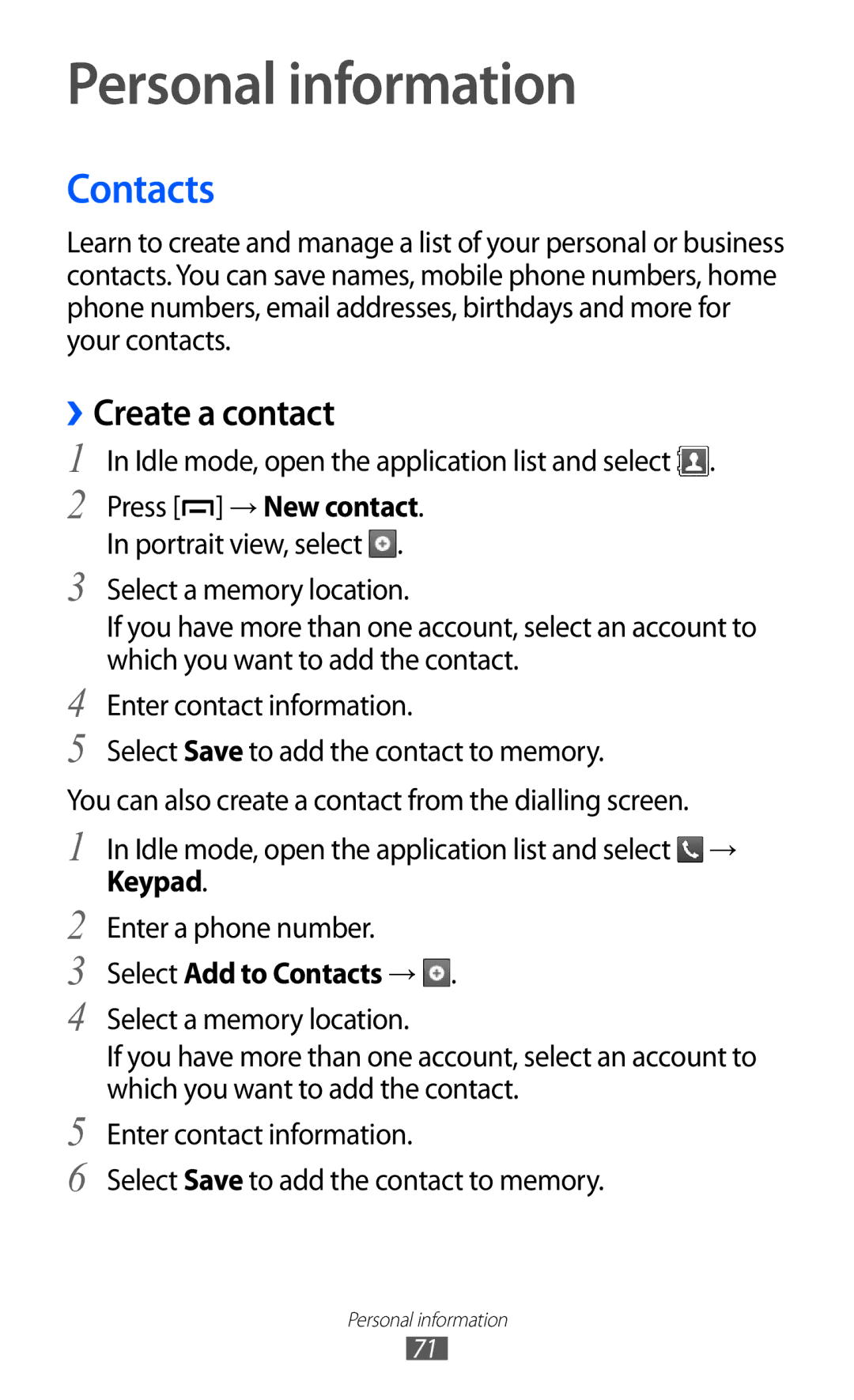 Samsung GT-B5510 user manual Personal information, ››Create a contact, Select Add to Contacts → 