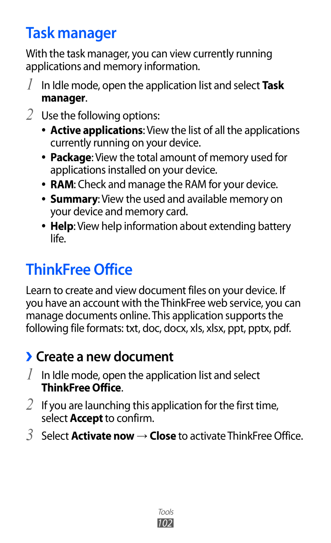 Samsung GT-B5510CAAKSA, GT-B5510CAAABS, GT-B5510CAAAFR manual Task manager, ThinkFree Office, ››Create a new document 