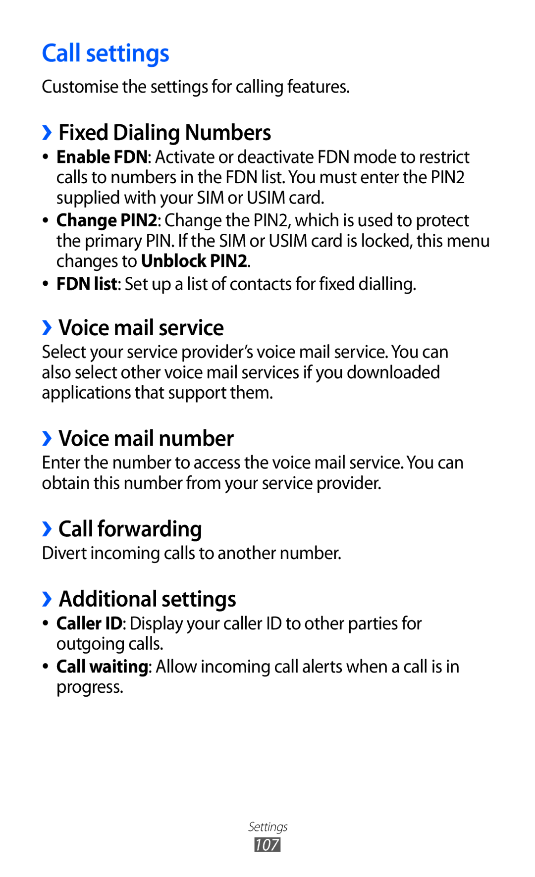 Samsung GT-B5510CAAPAK, GT-B5510CAAABS, GT-B5510CAAAFR, GT-B5510WSAABS, GT-B5510CAAKSA, GT-B5510CAATUN manual Call settings 