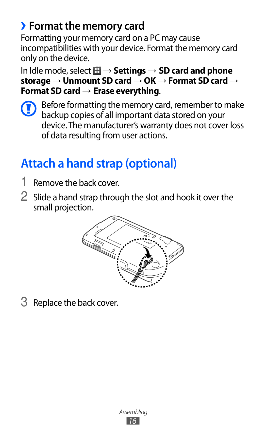 Samsung GT-B5510CAAXSG, GT-B5510CAAABS, GT-B5510CAAAFR manual Attach a hand strap optional, ››Format the memory card 