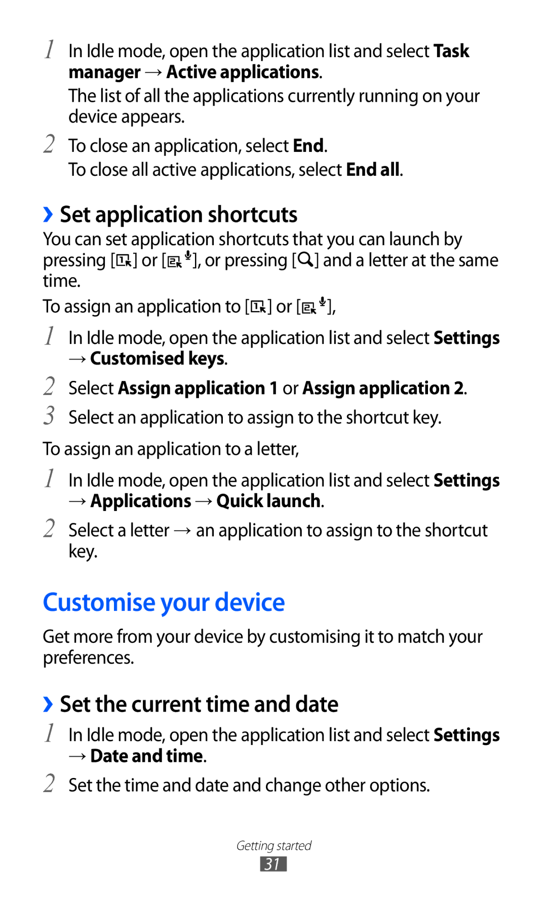 Samsung GT-B5510WSATUN, GT-B5510CAAABS Customise your device, ››Set application shortcuts, ››Set the current time and date 