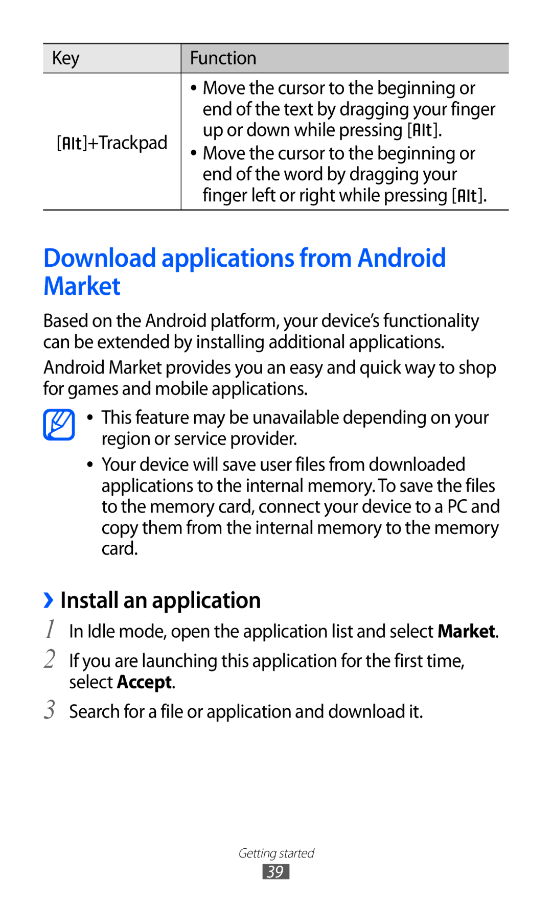 Samsung GT-B5510WSAXSG, GT-B5510CAAABS manual Download applications from Android Market, ››Install an application, +Trackpad 