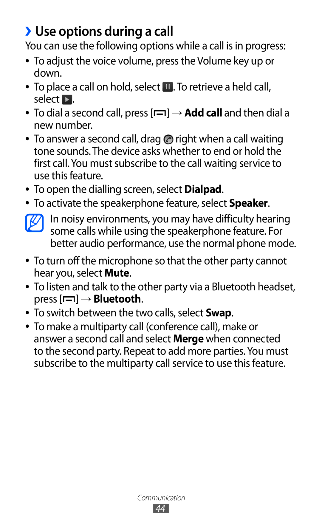 Samsung GT-B5510CAAABS, GT-B5510CAAAFR, GT-B5510WSAABS, GT-B5510CAAKSA, GT-B5510CAATUN manual ››Use options during a call 