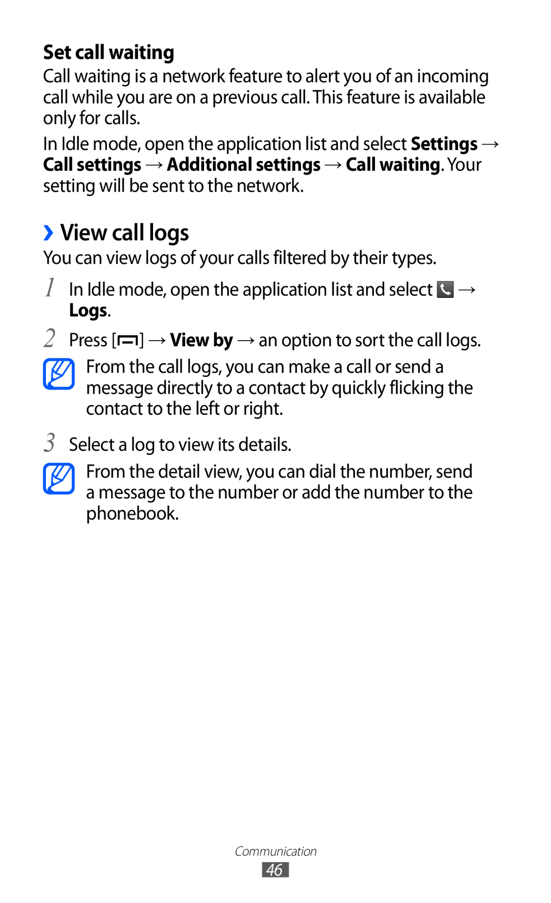 Samsung GT-B5510WSAABS, GT-B5510CAAABS, GT-B5510CAAAFR, GT-B5510CAAKSA, GT-B5510CAATUN, GT-B5510CAAXSG ››View call logs, Logs 