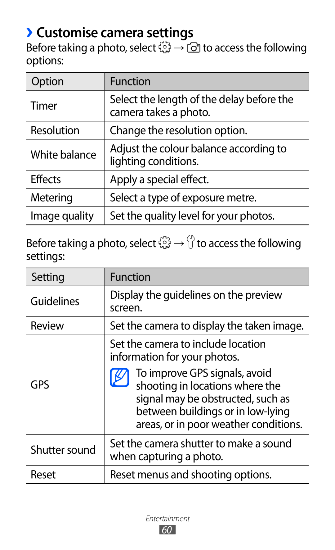 Samsung GT-B5510CAAXSG, GT-B5510CAAABS, GT-B5510CAAAFR, GT-B5510WSAABS, GT-B5510CAAKSA manual ››Customise camera settings 