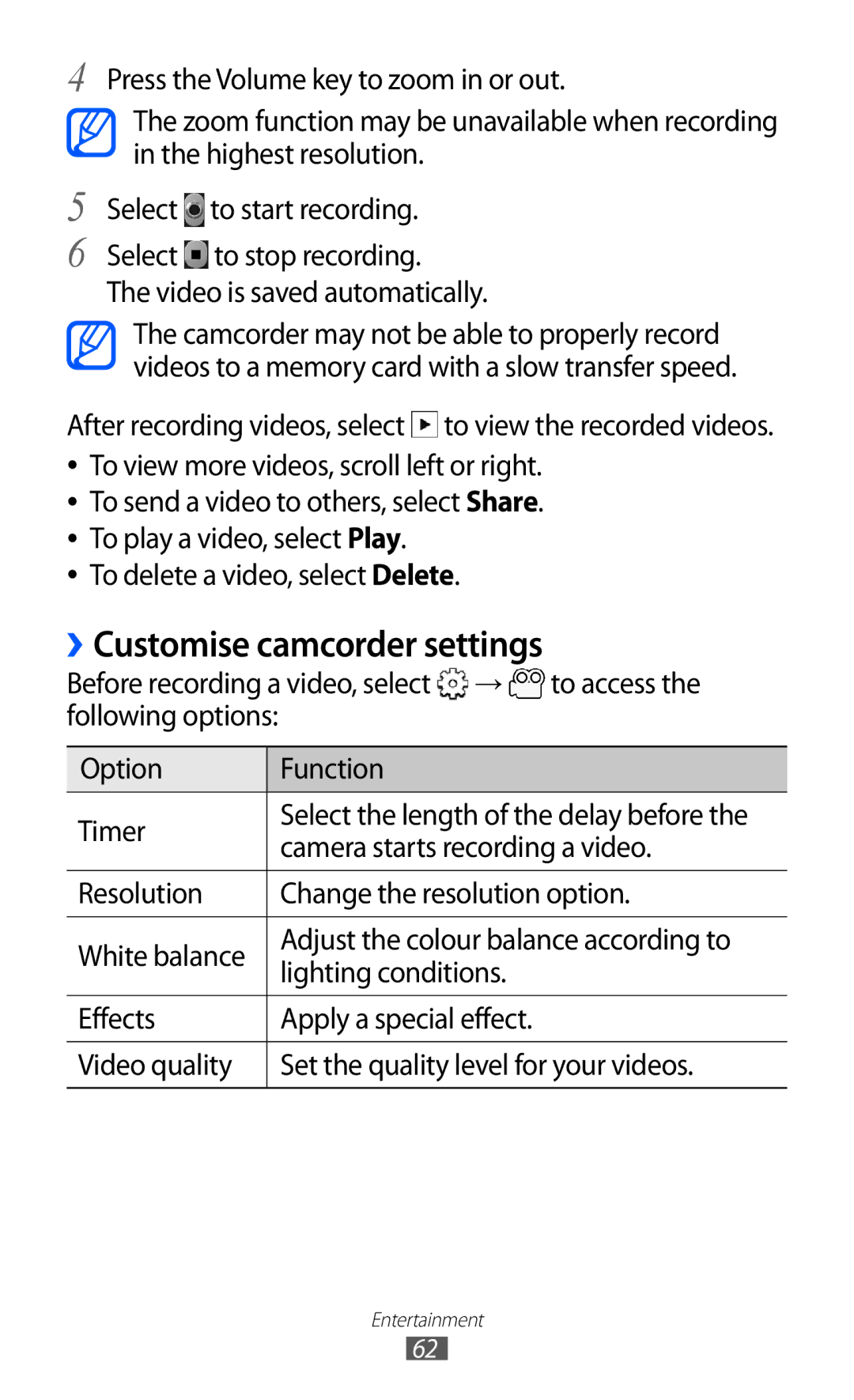 Samsung GT-B5510CAAMID, GT-B5510CAAABS, GT-B5510CAAAFR, GT-B5510WSAABS, GT-B5510CAAKSA manual Customise camcorder settings 