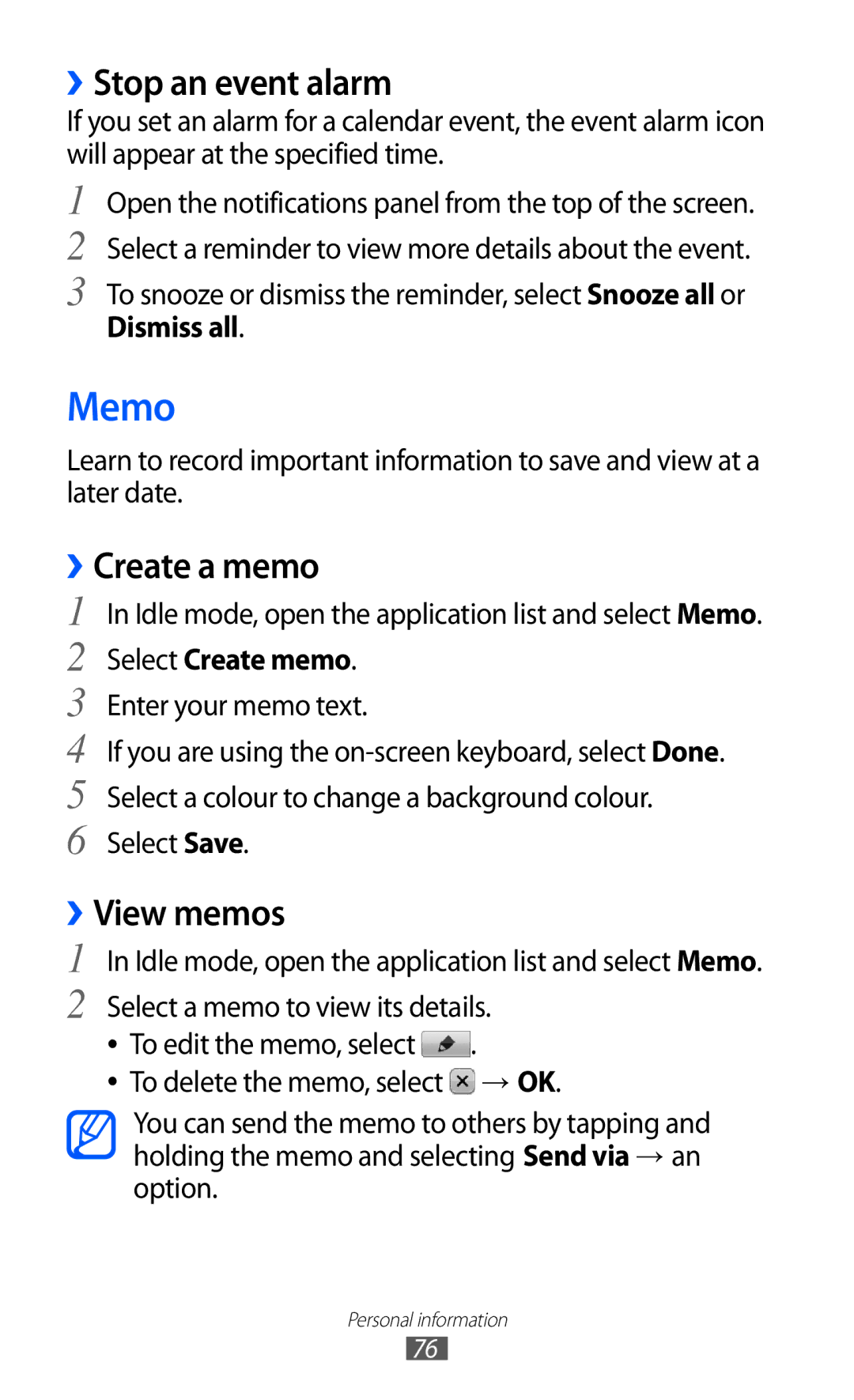 Samsung GT-B5510CAAJED, GT-B5510CAAABS, GT-B5510CAAAFR manual Memo, ››Stop an event alarm, ››Create a memo, ››View memos 