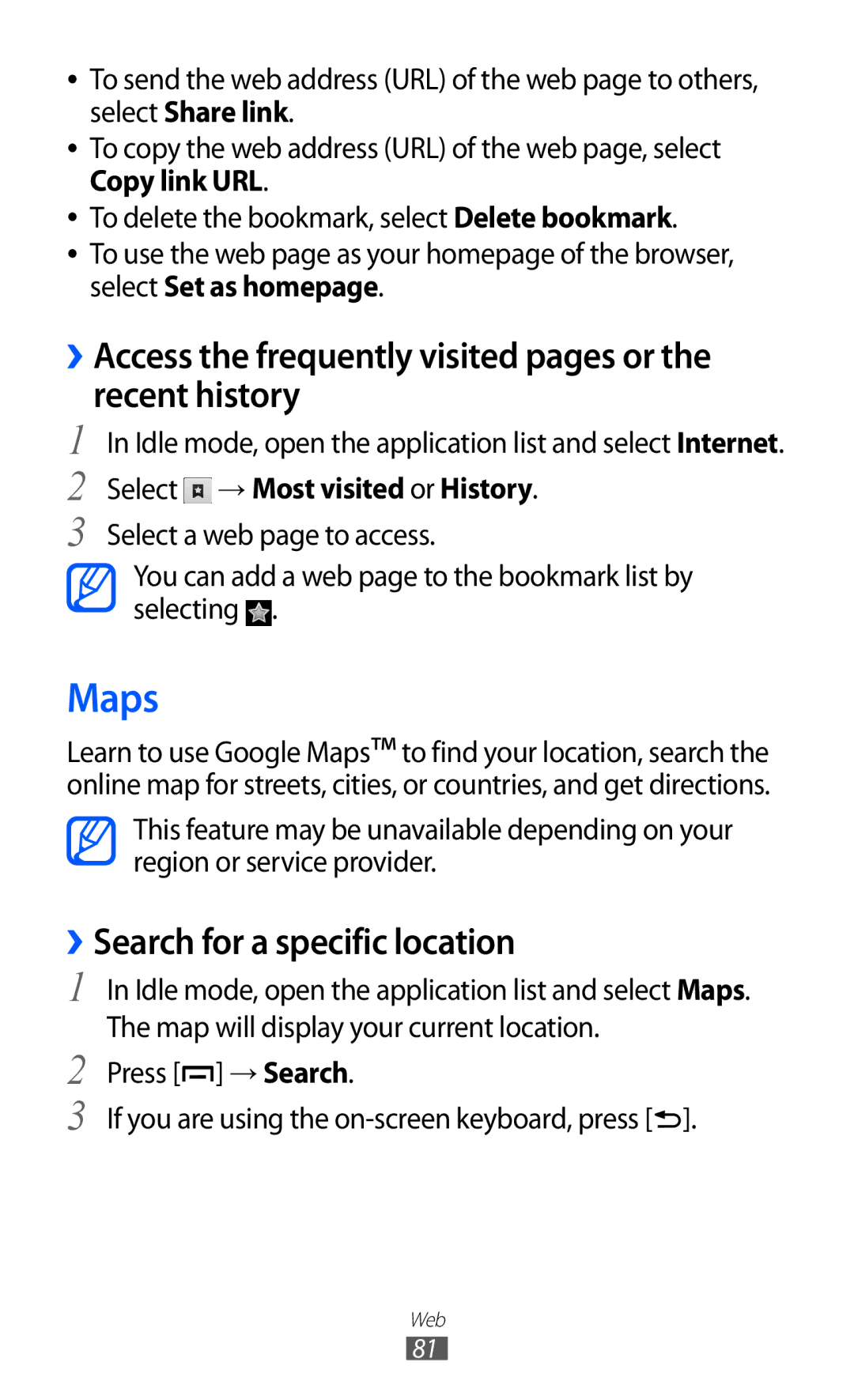 Samsung GT-B5510CAATUN Maps, ››Access the frequently visited pages or the recent history, ››Search for a specific location 