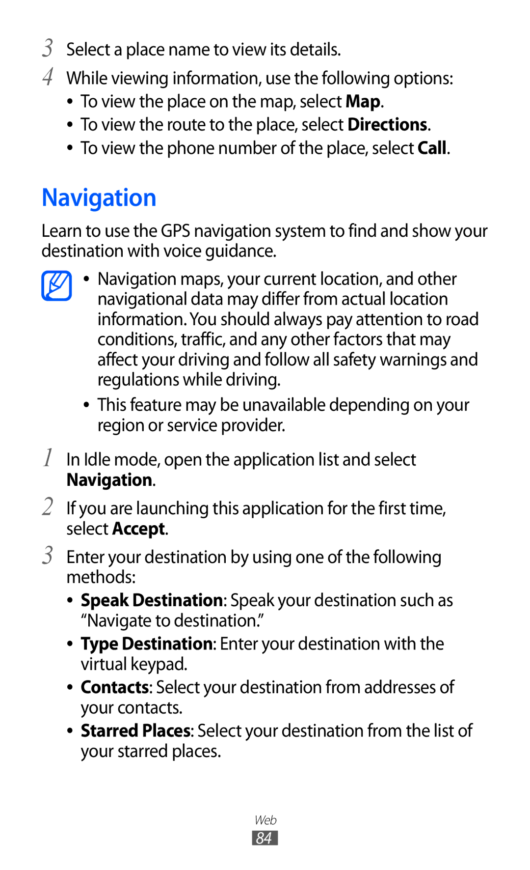 Samsung GT-B5510CAAMID, GT-B5510CAAABS, GT-B5510CAAAFR, GT-B5510WSAABS Navigation, Select a place name to view its details 