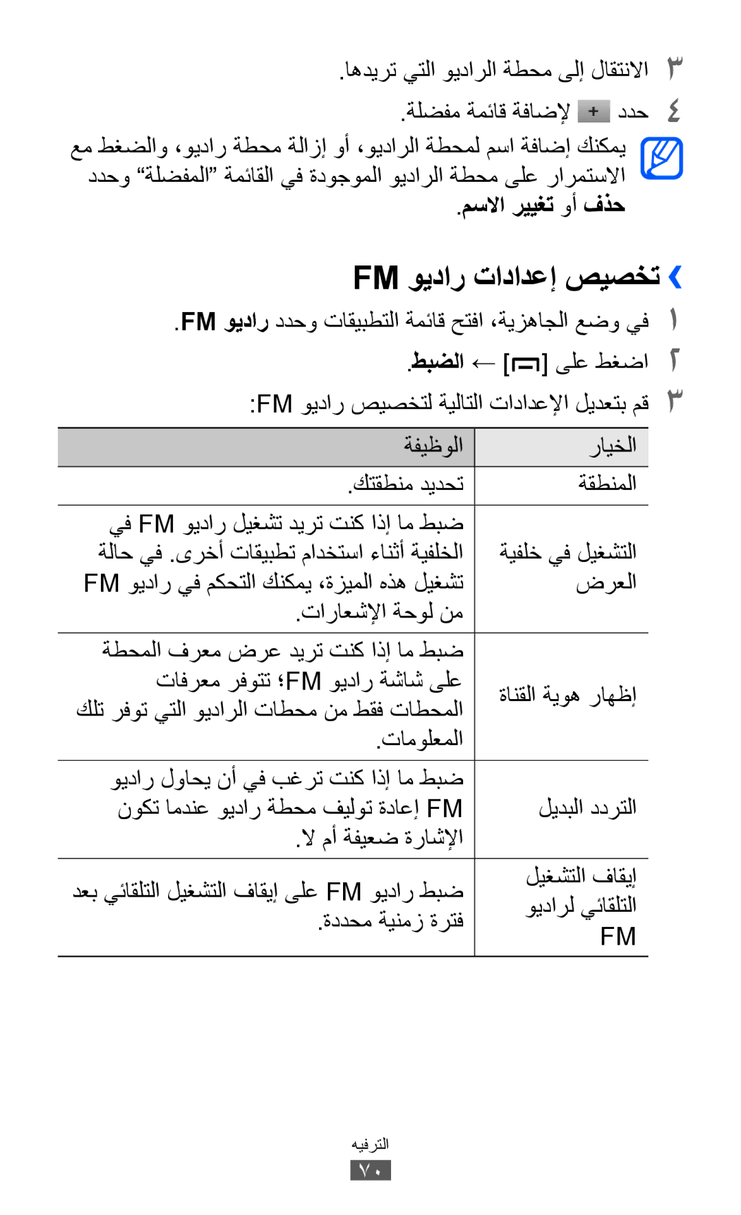 Samsung GT-B5510CAATUN Fm ويدار تادادعإ صيصخت››, مسلاا رييغت وأ فذح, FM ويدار ددحو تاقيبطتلا ةمئاق حتفا ،ةيزهاجلا عضو يف1 