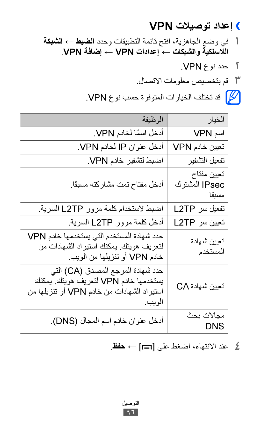 Samsung GT-B5510CAAPAK, GT-B5510CAAABS manual Vpn تلايصوت دادعإ››, Vpn ةفاضإ ← Vpn تادادعإ ← تاكبشلاو ةيكلسلالا, ظفح 