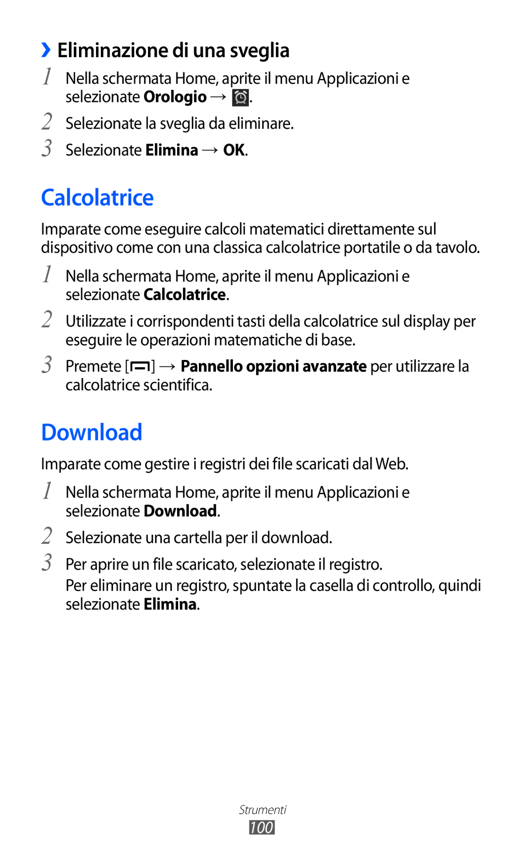 Samsung GT-B5510CAATIM, GT-B5510CAAHUI, GT-B5510WSAWIN manual Calcolatrice, Download, ››Eliminazione di una sveglia, 100 