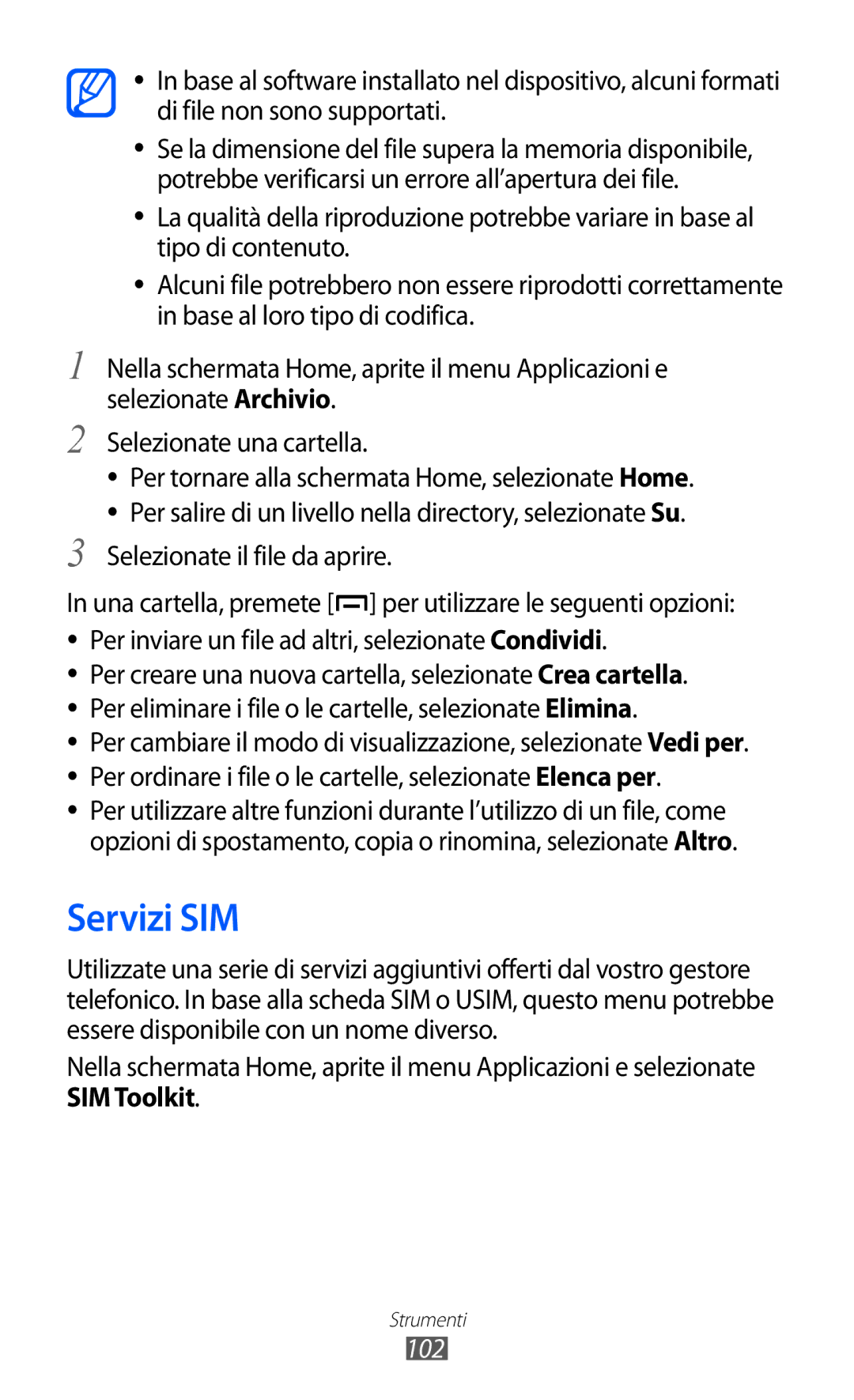 Samsung GT-B5510CAAITV, GT-B5510CAAHUI, GT-B5510WSAWIN, GT-B5510CAATIM, GT-B5510CAAWIN, GT-B5510WSATIM manual Servizi SIM, 102 