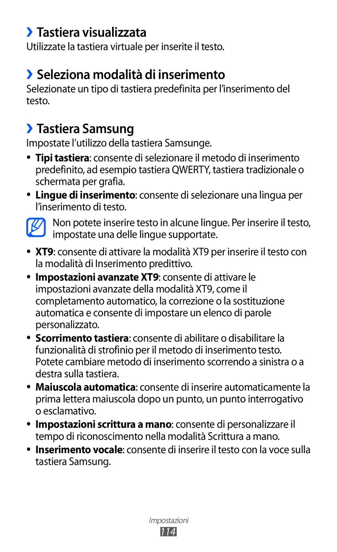 Samsung GT-B5510CAATIM manual ››Tastiera visualizzata, ››Seleziona modalità di inserimento, ››Tastiera Samsung, 114 