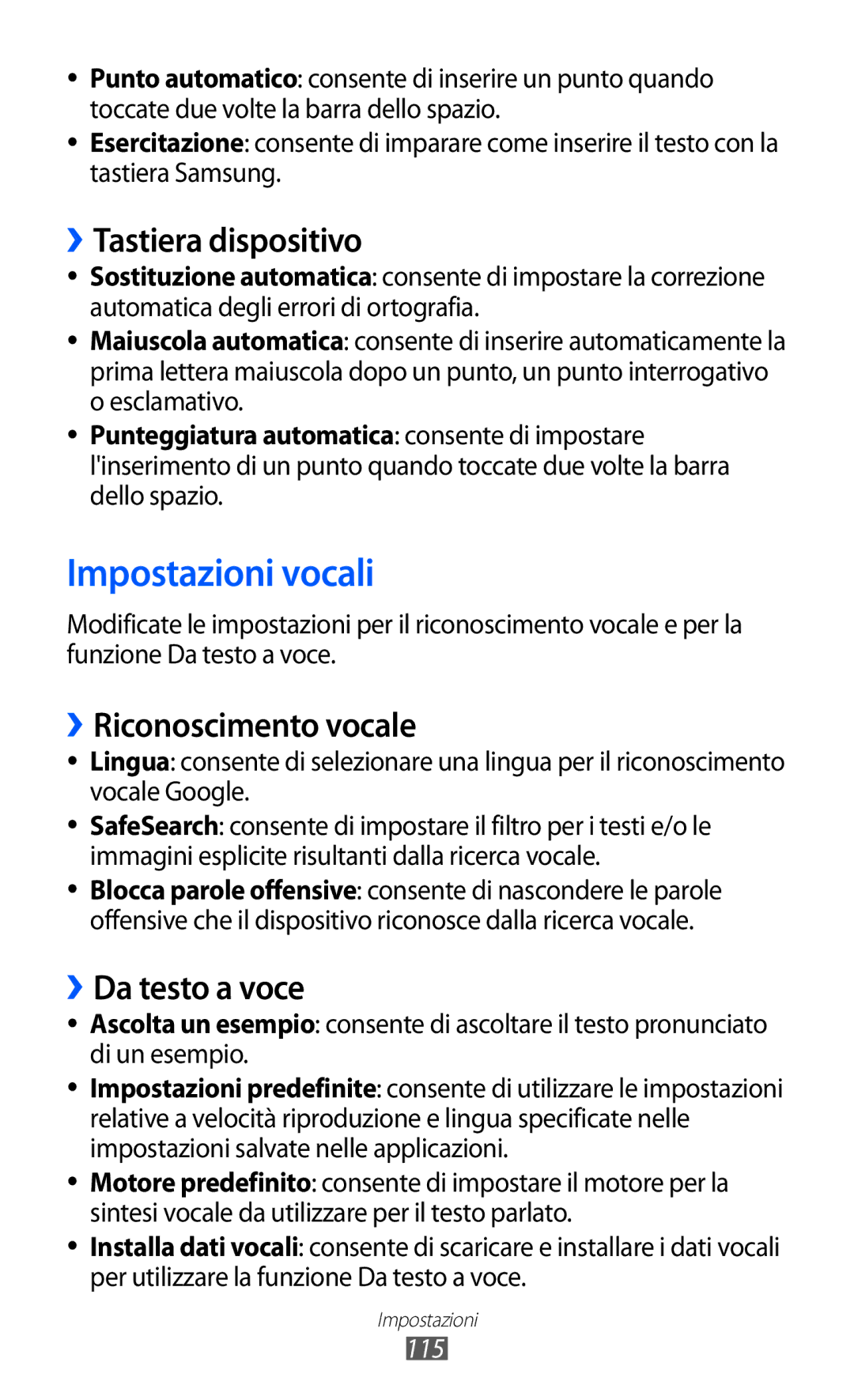 Samsung GT-B5510CAAWIN manual Impostazioni vocali, ››Tastiera dispositivo, ››Riconoscimento vocale, ››Da testo a voce, 115 