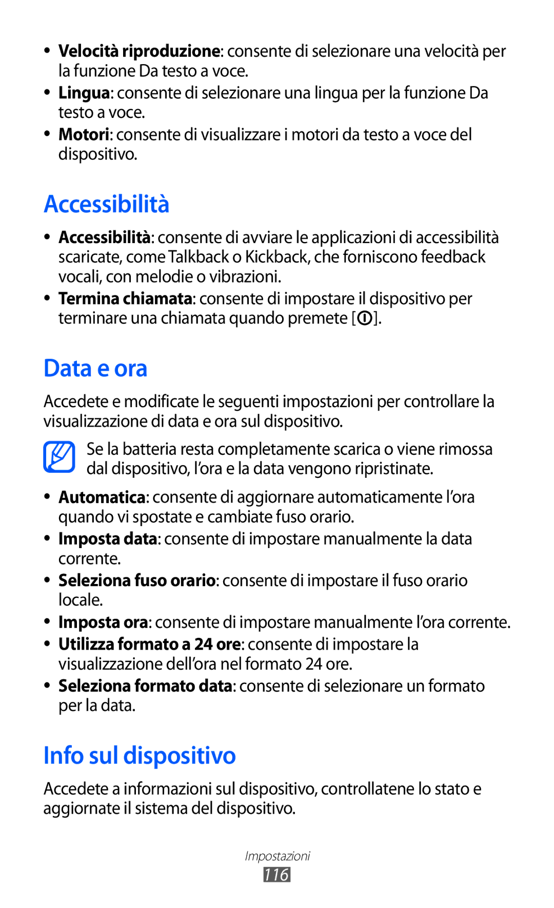 Samsung GT-B5510CAAITV, GT-B5510CAAHUI, GT-B5510WSAWIN, GT-B5510CAATIM Accessibilità, Data e ora, Info sul dispositivo, 116 