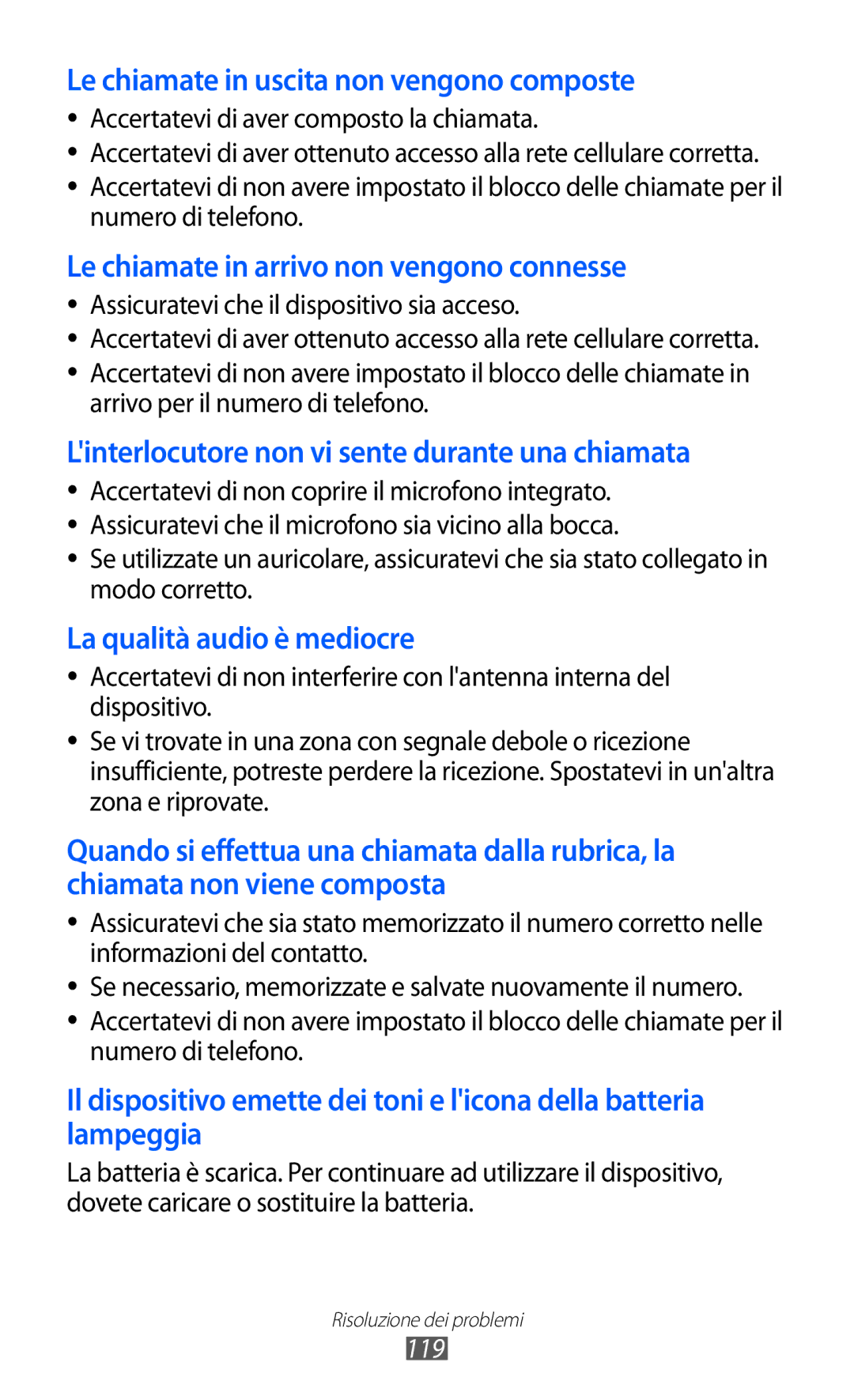 Samsung GT-B5510CAAHUI, GT-B5510WSAWIN, GT-B5510CAATIM, GT-B5510CAAWIN manual Le chiamate in uscita non vengono composte, 119 