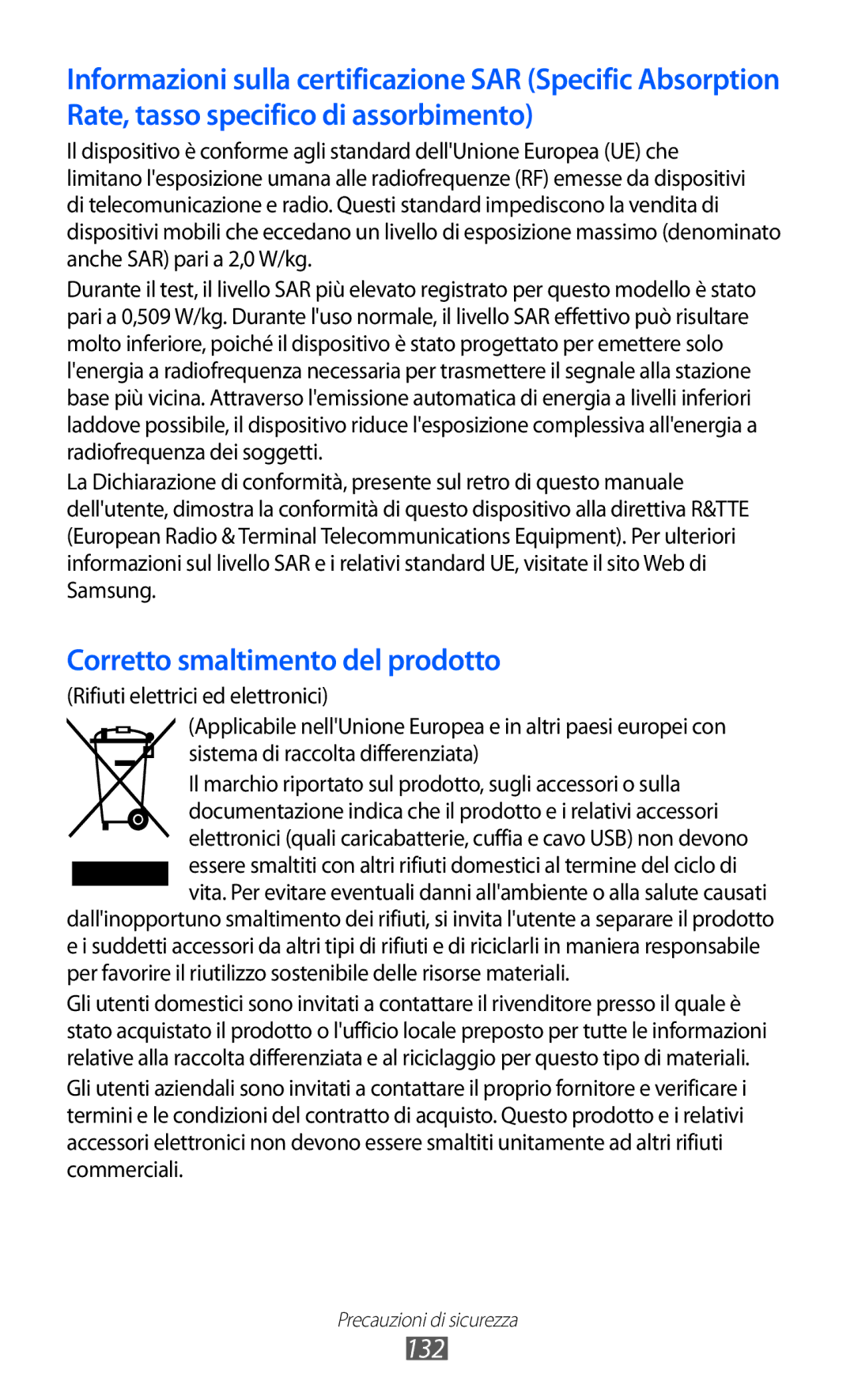 Samsung GT-B5510WSAITV, GT-B5510CAAHUI, GT-B5510WSAWIN, GT-B5510CAATIM, GT-B5510CAAWIN Corretto smaltimento del prodotto, 132 