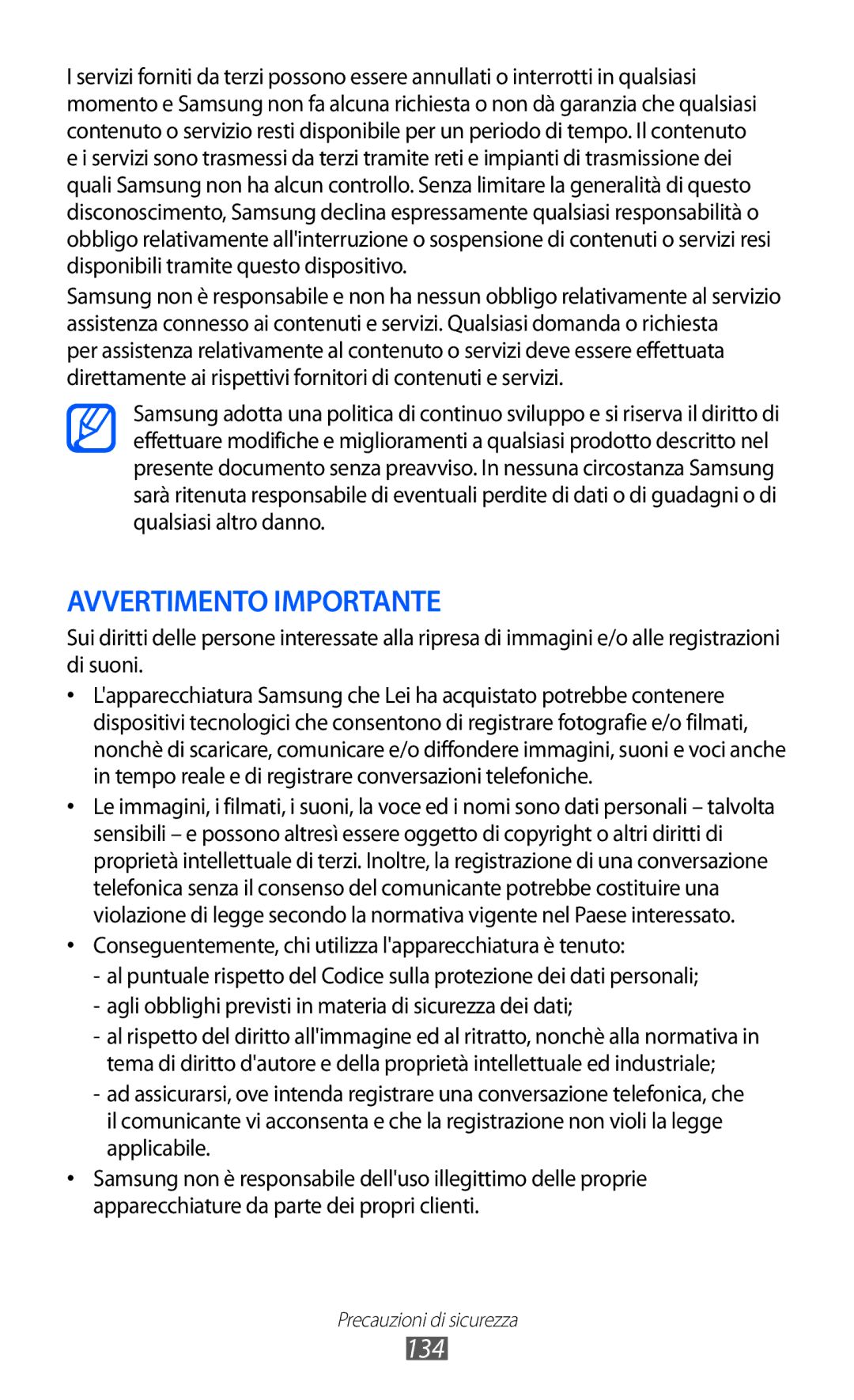 Samsung GT-B5510WSAWIN, GT-B5510CAAHUI, GT-B5510CAATIM, GT-B5510CAAWIN, GT-B5510CAAITV manual Avvertimento Importante, 134 