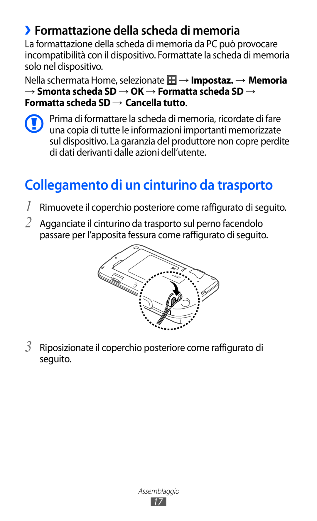 Samsung GT-B5510CAAWIN, GT-B5510CAAHUI Collegamento di un cinturino da trasporto, ››Formattazione della scheda di memoria 