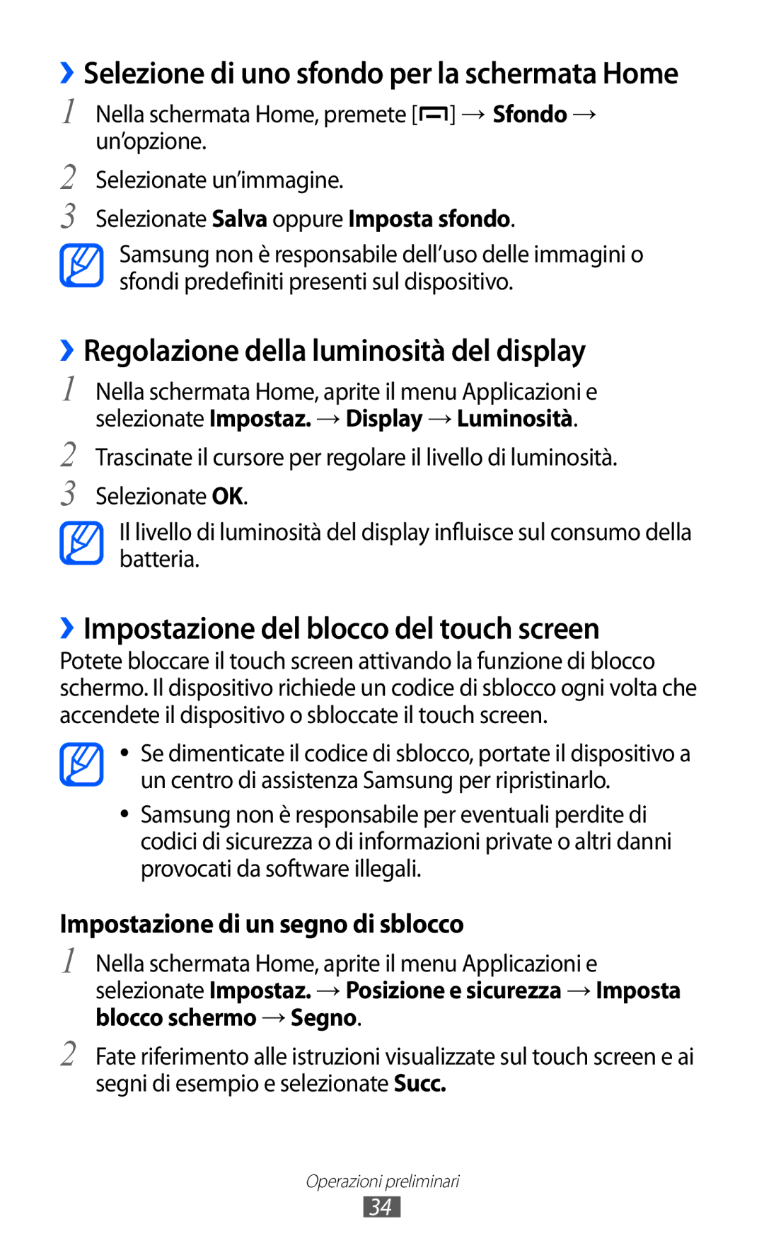 Samsung GT-B5510WSAITV manual ››Regolazione della luminosità del display, ››Impostazione del blocco del touch screen 