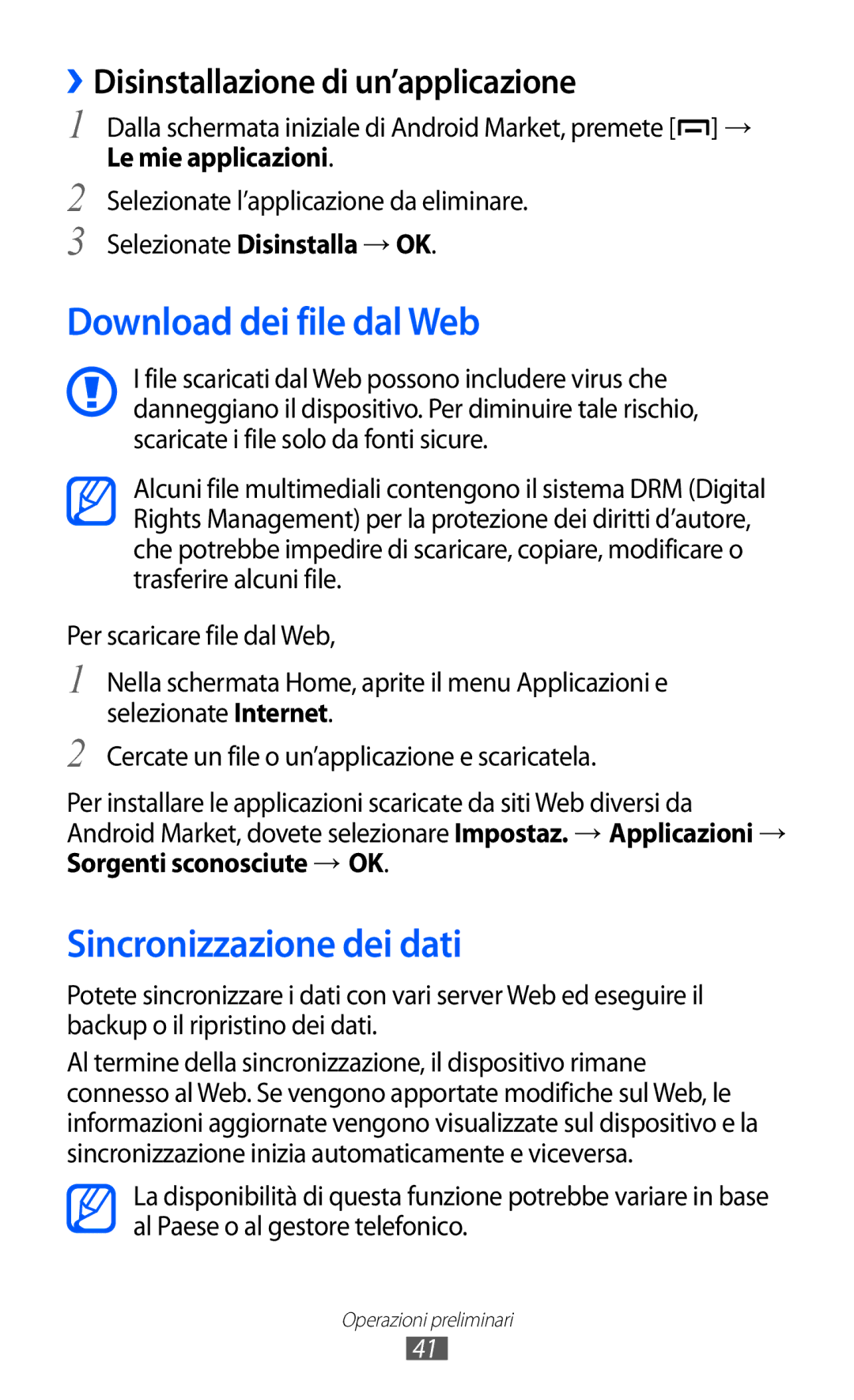 Samsung GT-B5510WSAITV manual Download dei file dal Web, Sincronizzazione dei dati, ››Disinstallazione di un’applicazione 