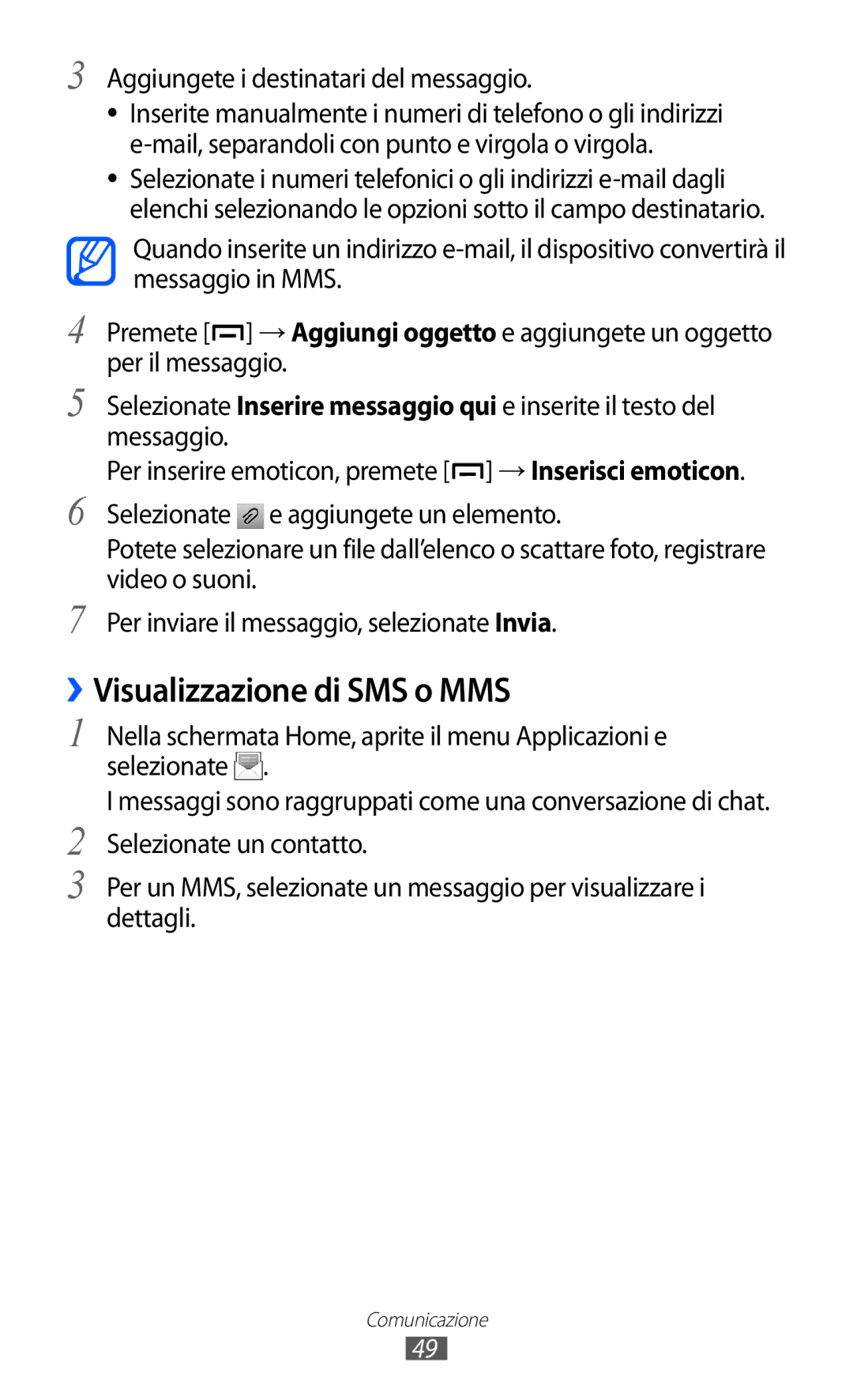 Samsung GT-B5510CAAHUI, GT-B5510WSAWIN manual ››Visualizzazione di SMS o MMS, Aggiungete i destinatari del messaggio 