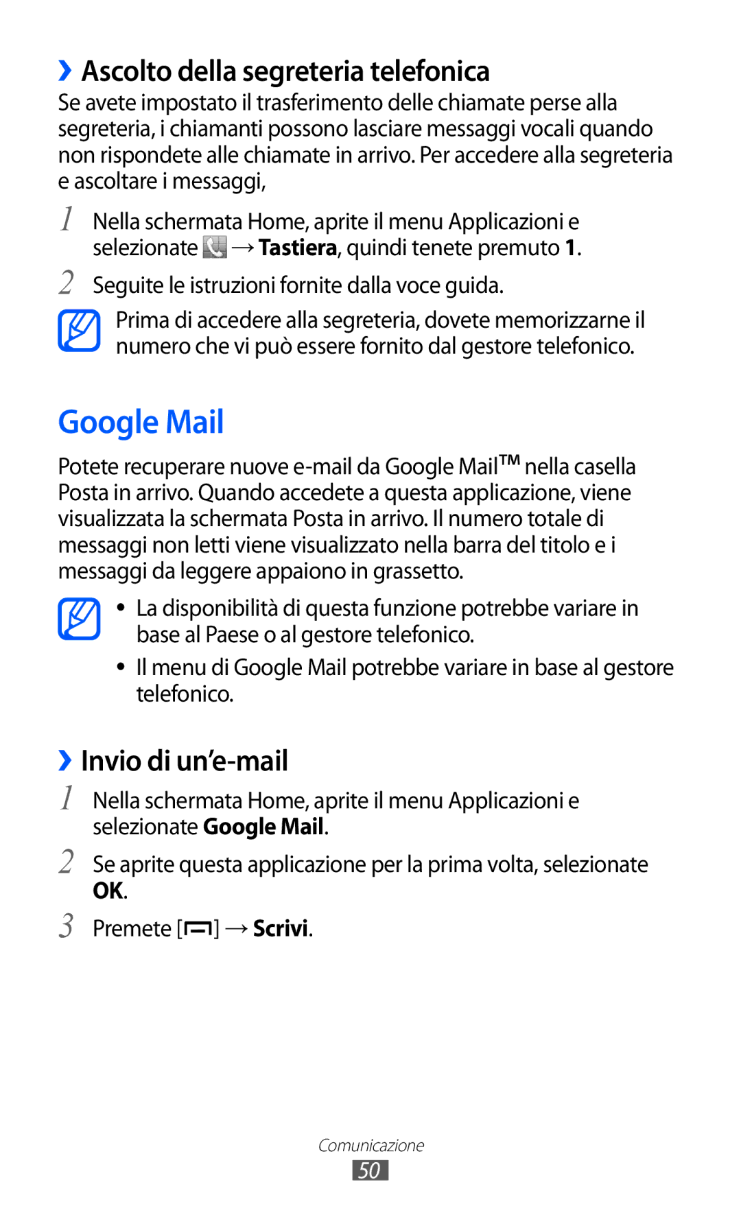 Samsung GT-B5510WSAWIN, GT-B5510CAAHUI manual Google Mail, ››Ascolto della segreteria telefonica, ››Invio di un’e-mail 