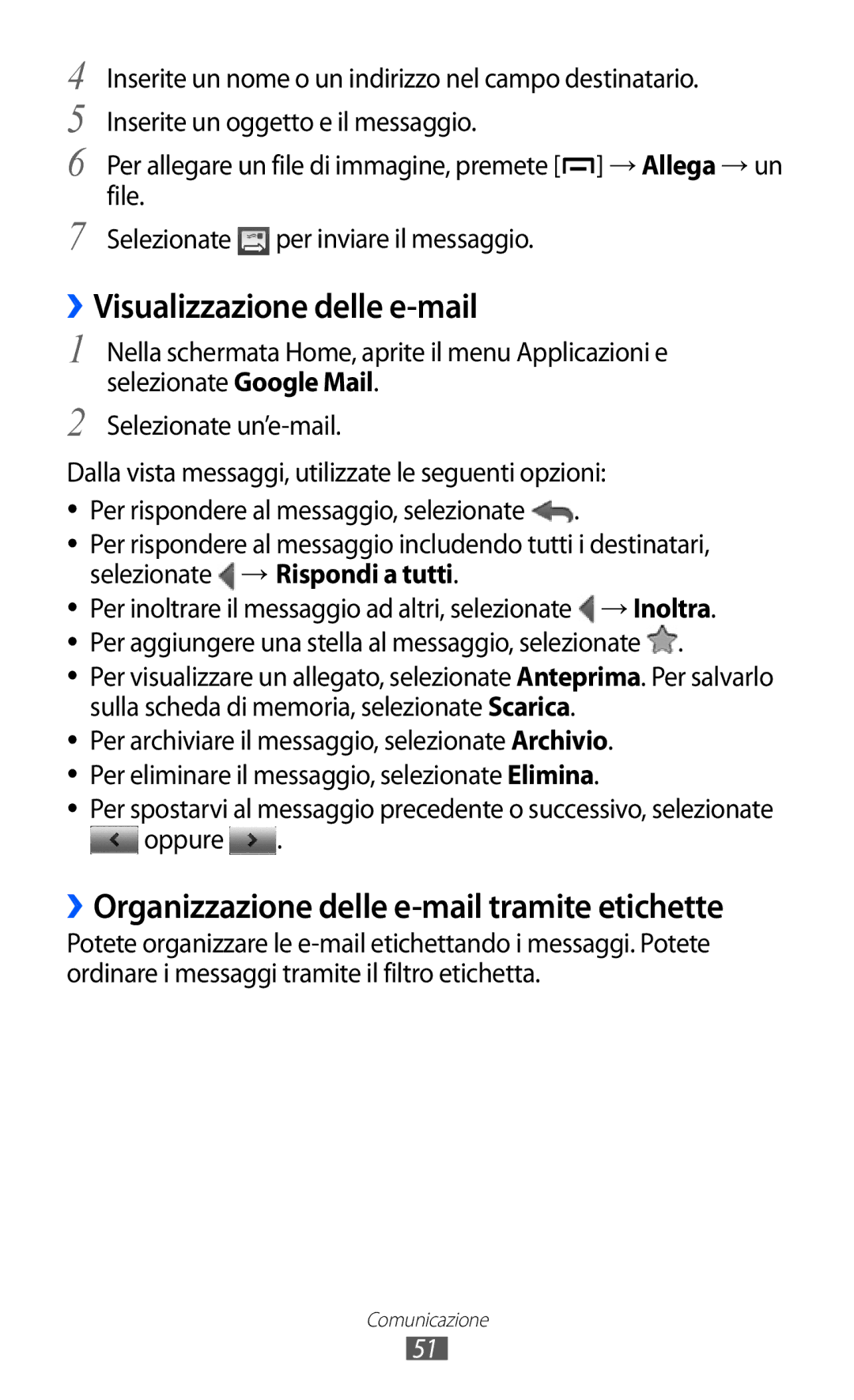 Samsung GT-B5510CAATIM manual ››Visualizzazione delle e-mail, ››Organizzazione delle e-mail tramite etichette, Oppure 