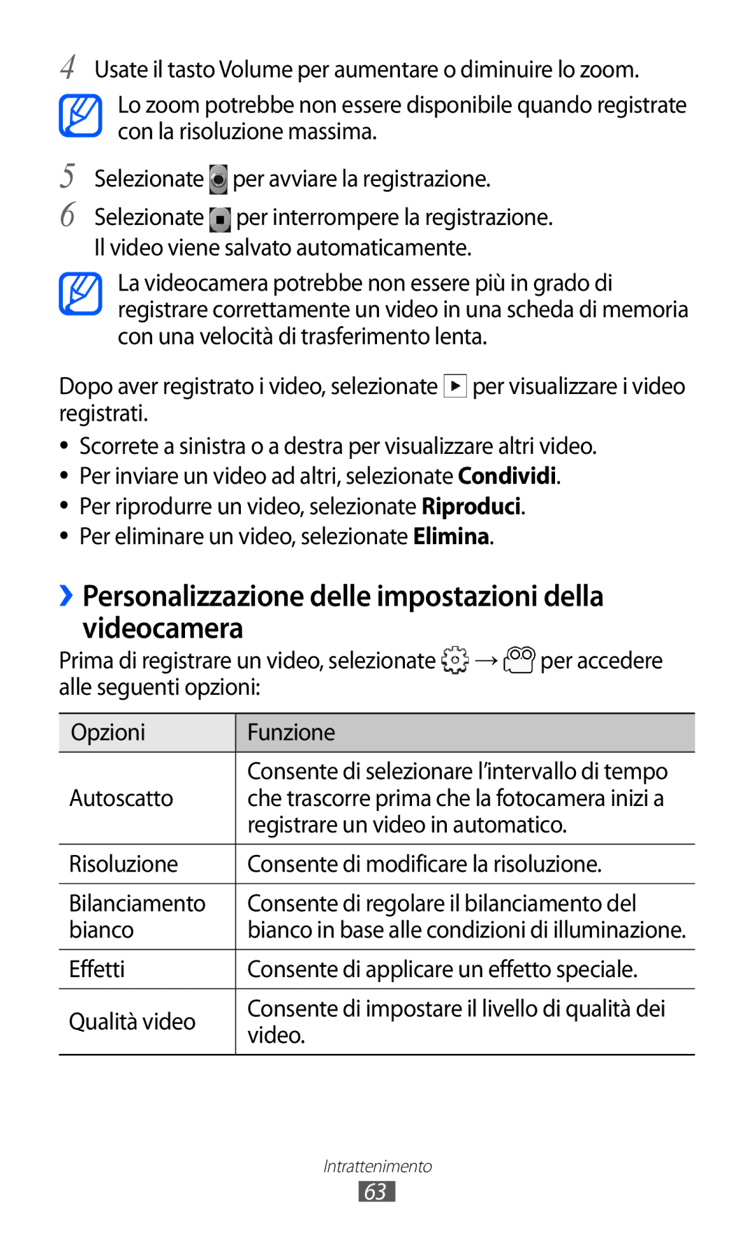 Samsung GT-B5510CAAHUI, GT-B5510WSAWIN, GT-B5510CAATIM manual ››Personalizzazione delle impostazioni della videocamera 