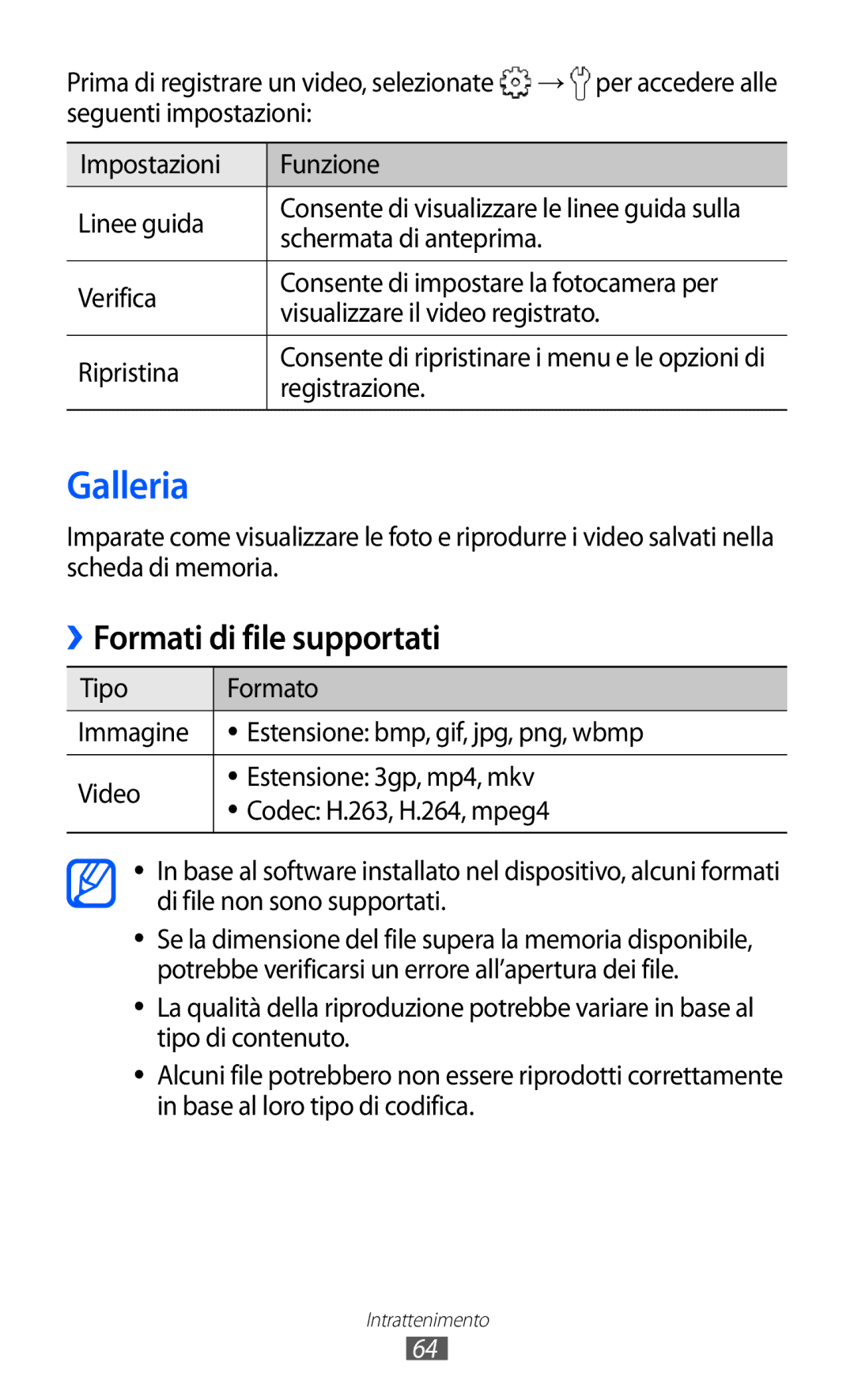 Samsung GT-B5510WSAWIN manual Galleria, Formati di file supportati, Seguenti impostazioni Impostazioni Funzione Linee guida 