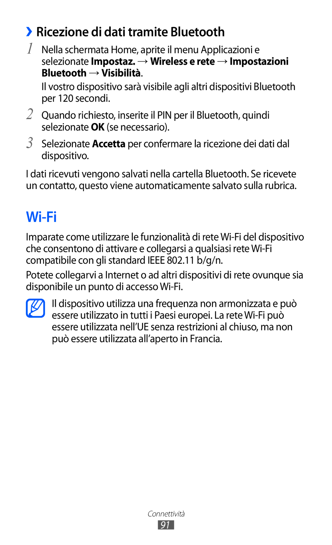 Samsung GT-B5510CAAHUI, GT-B5510WSAWIN, GT-B5510CAATIM, GT-B5510CAAWIN manual Wi-Fi, ››Ricezione di dati tramite Bluetooth 