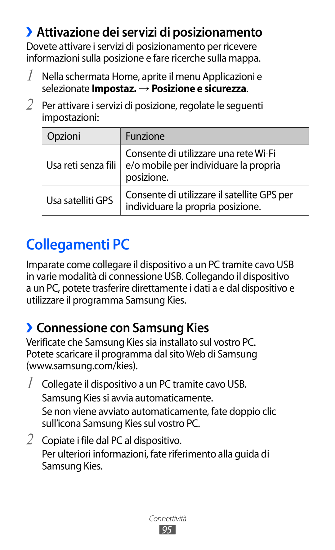 Samsung GT-B5510CAAITV manual Collegamenti PC, ››Attivazione dei servizi di posizionamento, ››Connessione con Samsung Kies 