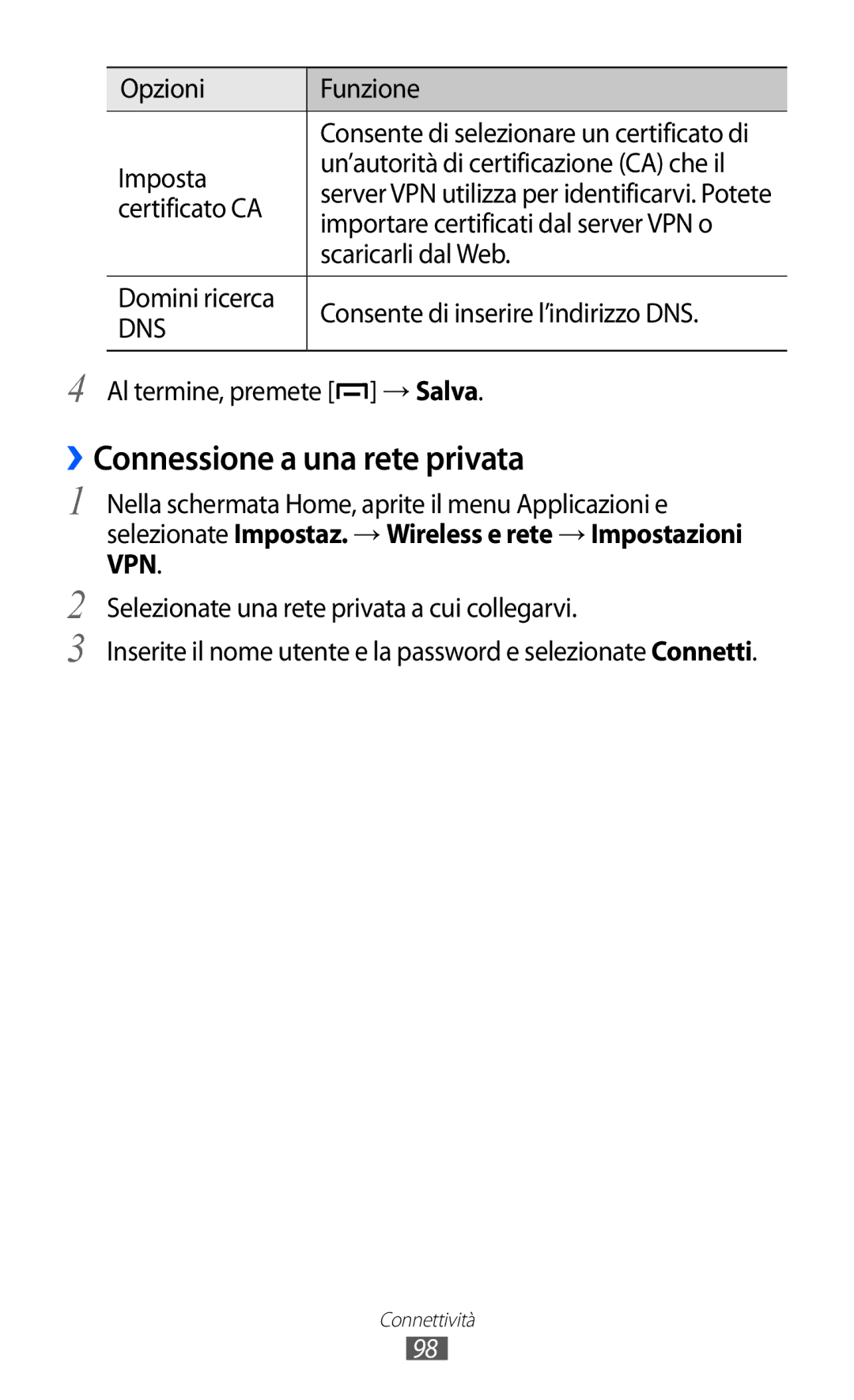 Samsung GT-B5510CAAHUI, GT-B5510WSAWIN, GT-B5510CAATIM, GT-B5510CAAWIN, GT-B5510CAAITV manual ››Connessione a una rete privata 