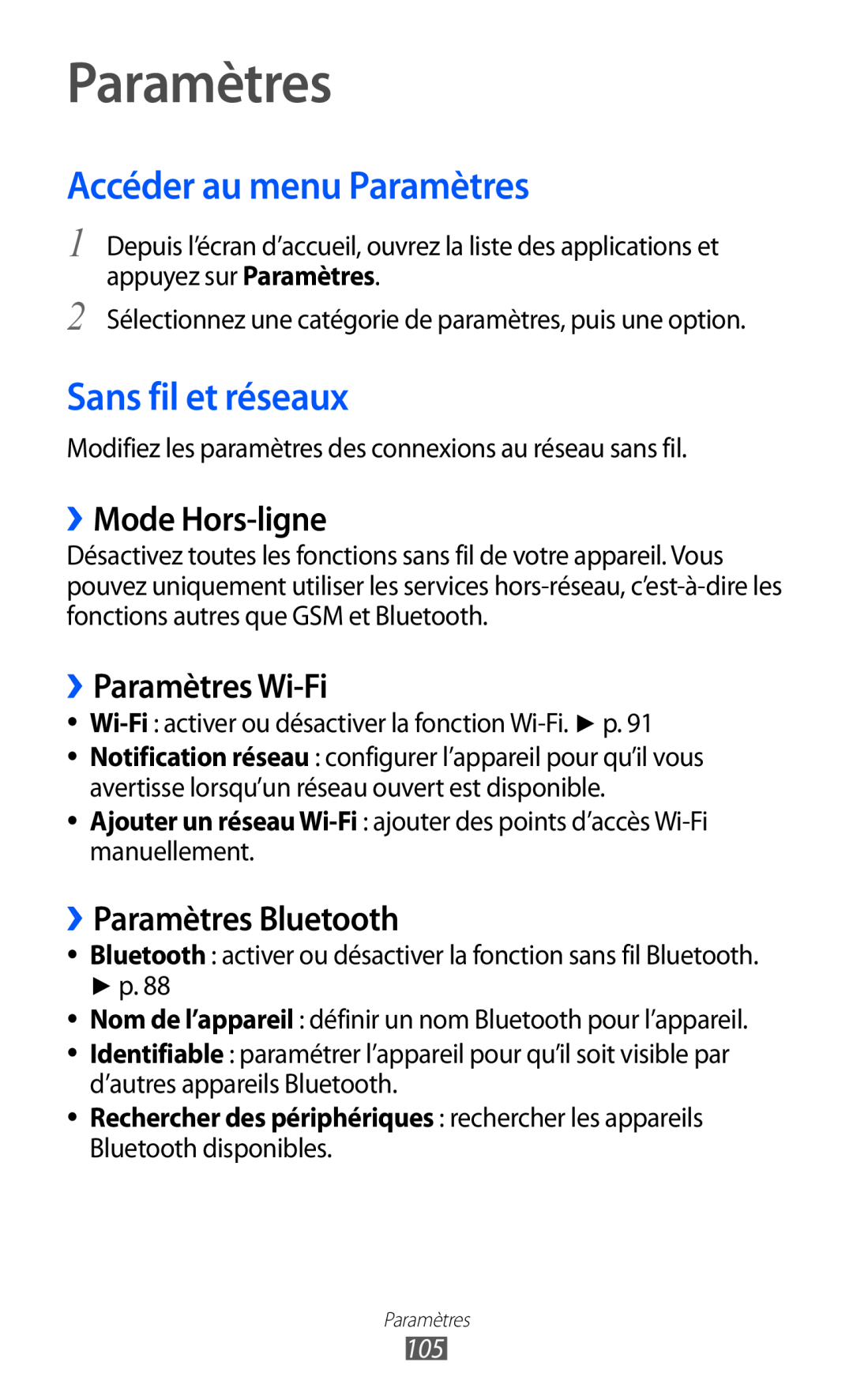 Samsung GT-B5510CAANRJ manual Accéder au menu Paramètres, Sans fil et réseaux, ››Mode Hors-ligne, ››Paramètres Wi-Fi 