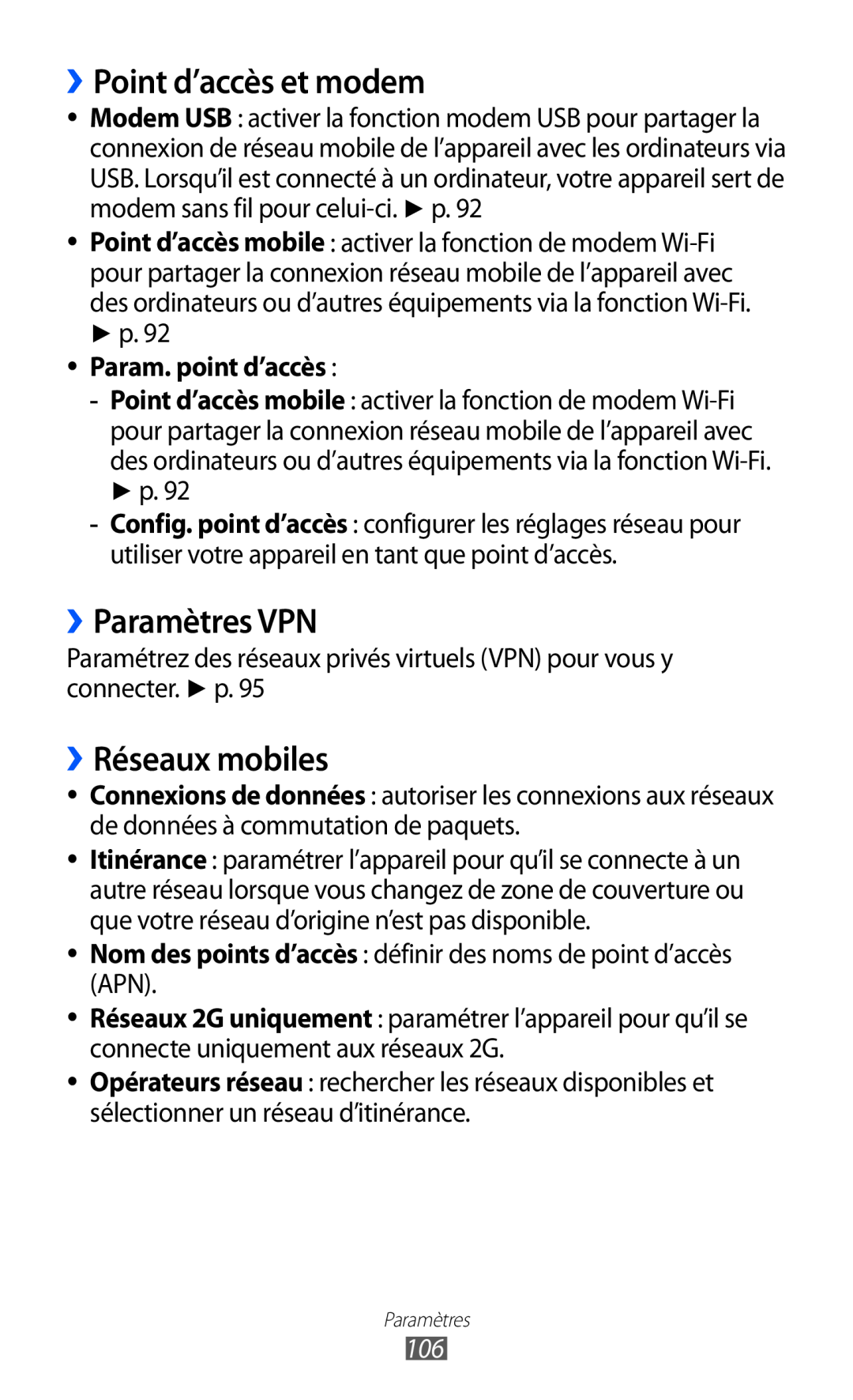 Samsung GT-B5510WSAFTM, GT-B5510CAANRJ ››Point d’accès et modem, ››Paramètres VPN, ››Réseaux mobiles, Param. point d’accès 