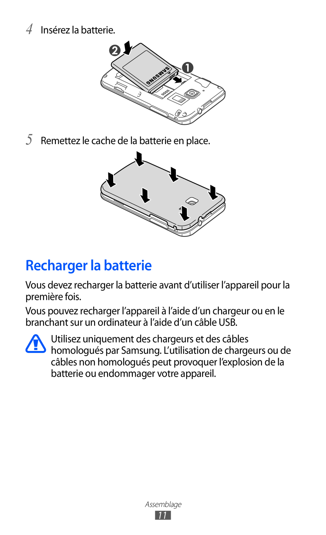 Samsung GT-B5510WSAFTM manual Recharger la batterie, Insérez la batterie Remettez le cache de la batterie en place 