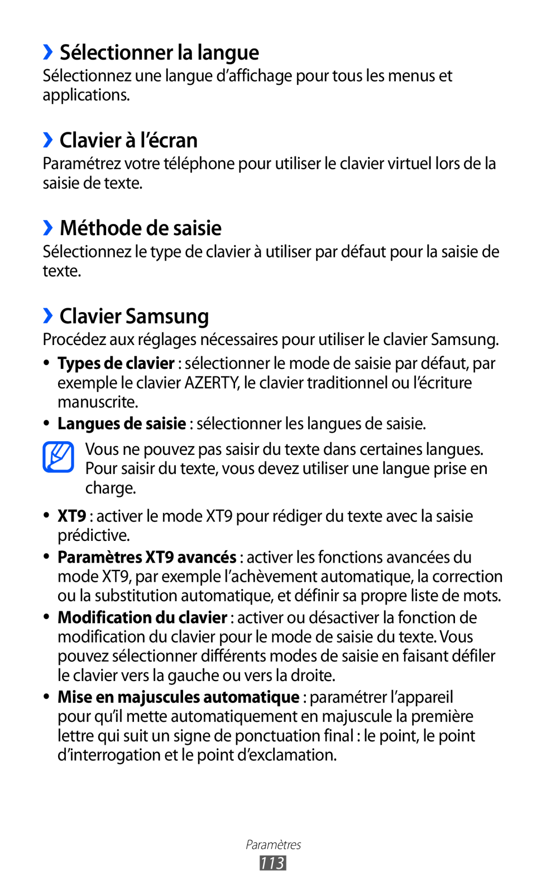 Samsung GT-B5510WSAXEF manual ››Sélectionner la langue, ››Clavier à l’écran, ››Méthode de saisie, ››Clavier Samsung 